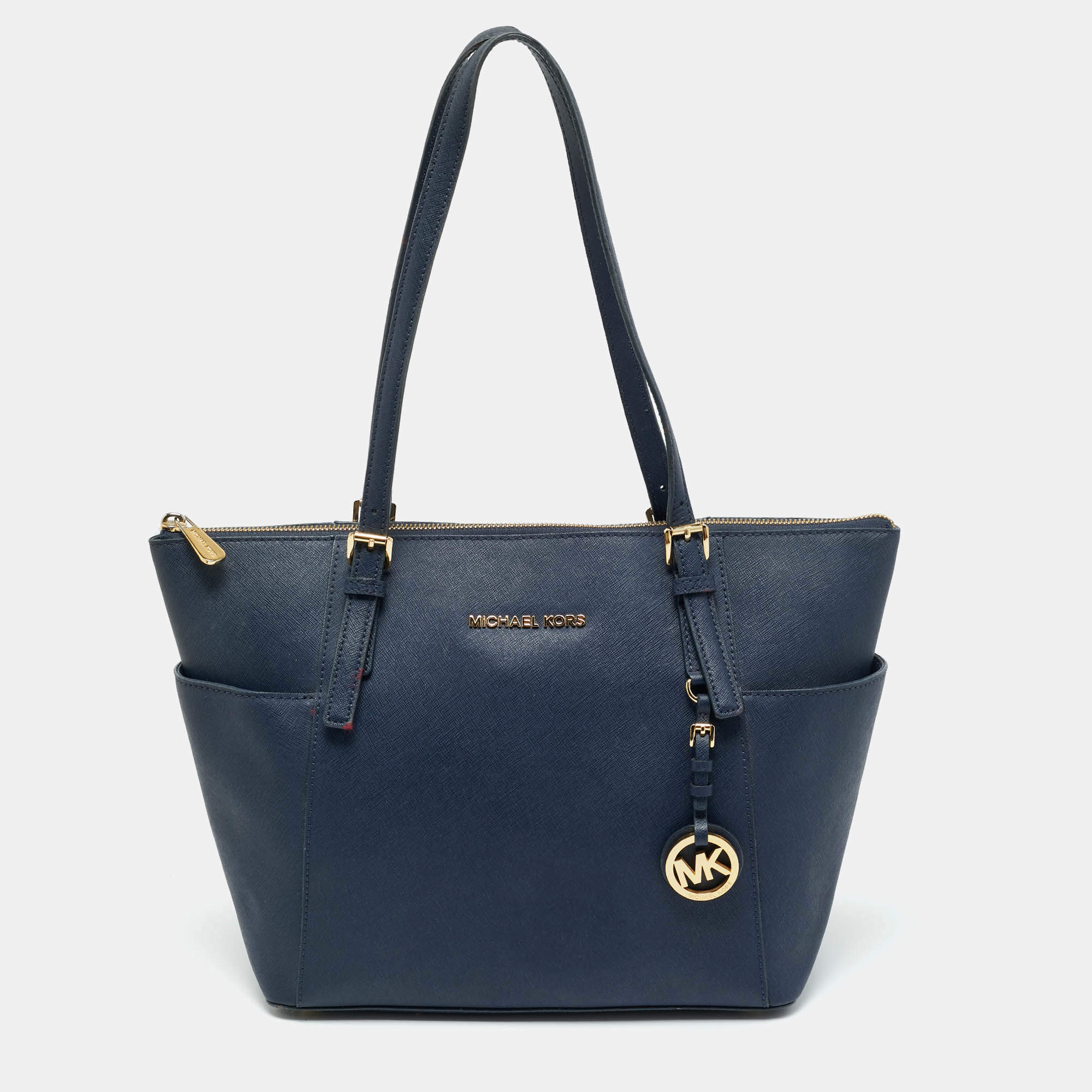 Pre Owned Michael Kors Navy Blue Leather Jet Set E/W Top Zip Tote