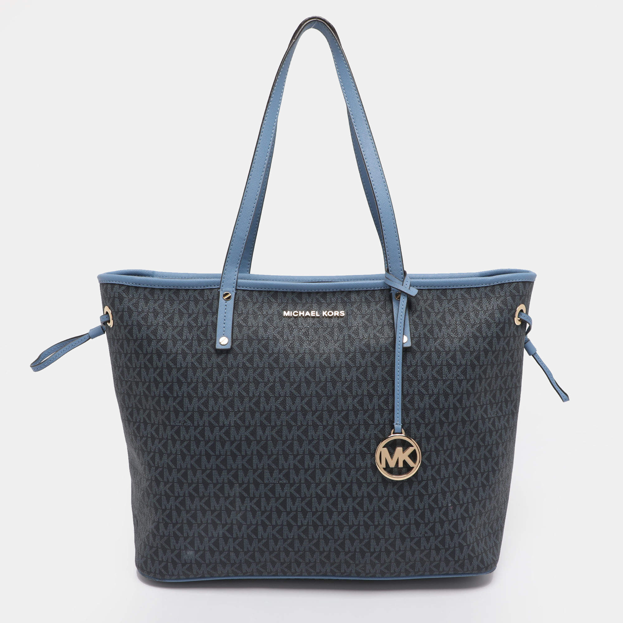 Pre Owned Michael Kors Blue Signature Coated Canvas and Leather Jet Set Travel Tote