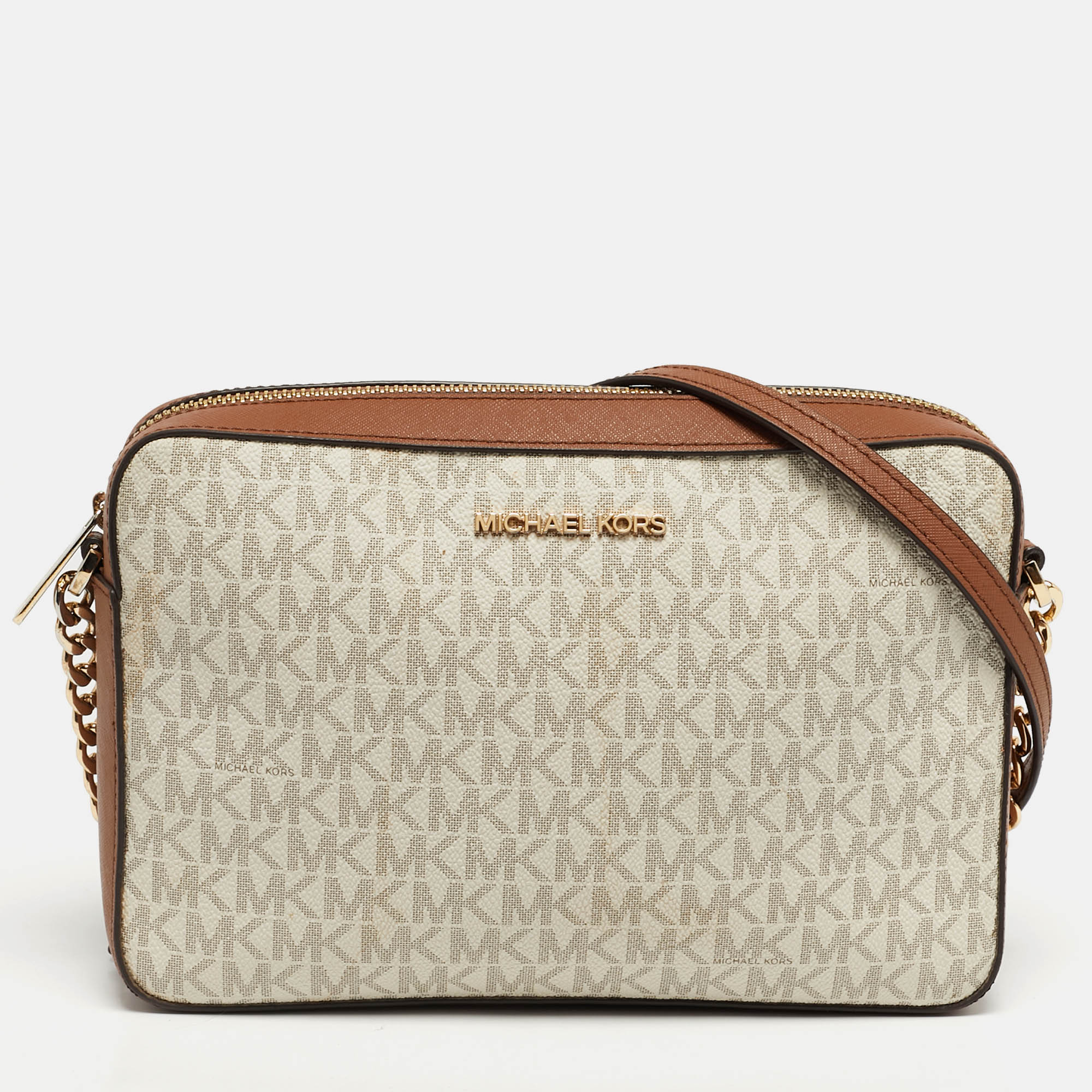 Pre Owned Michael Kors Jet Set Camera Brown/Off White Signature Coated Canvas and Leather Crossbody Bag