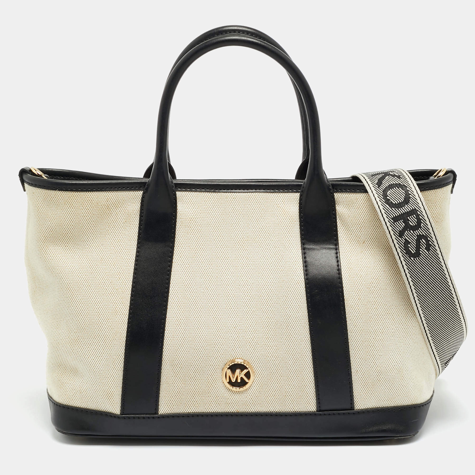 Pre Owned حقيبة مايكل كورس لويزا وسط كانفاس أسود/طبيعي وجلد صناعي