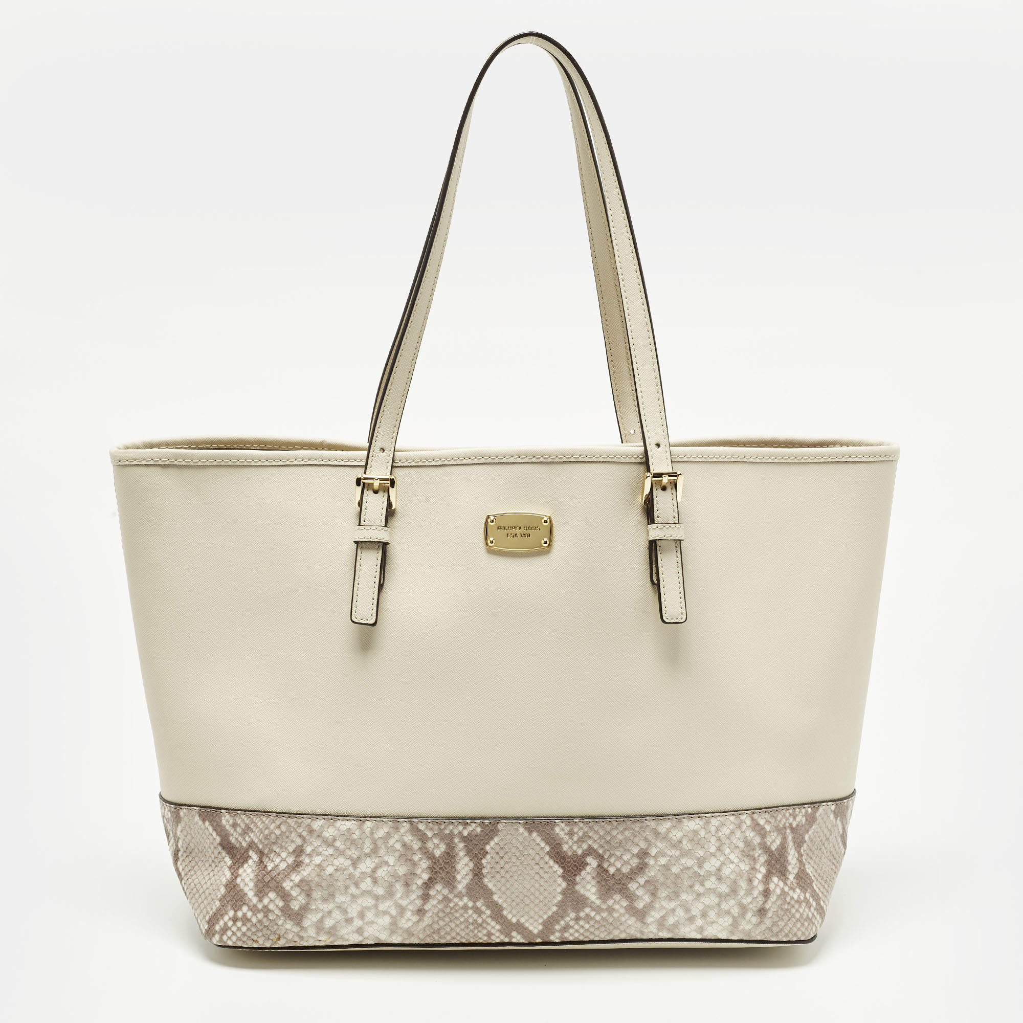 مملوكة مسبقًا Michael Kors Jet Set Off White/Grey Python Embossed and Leather Tote