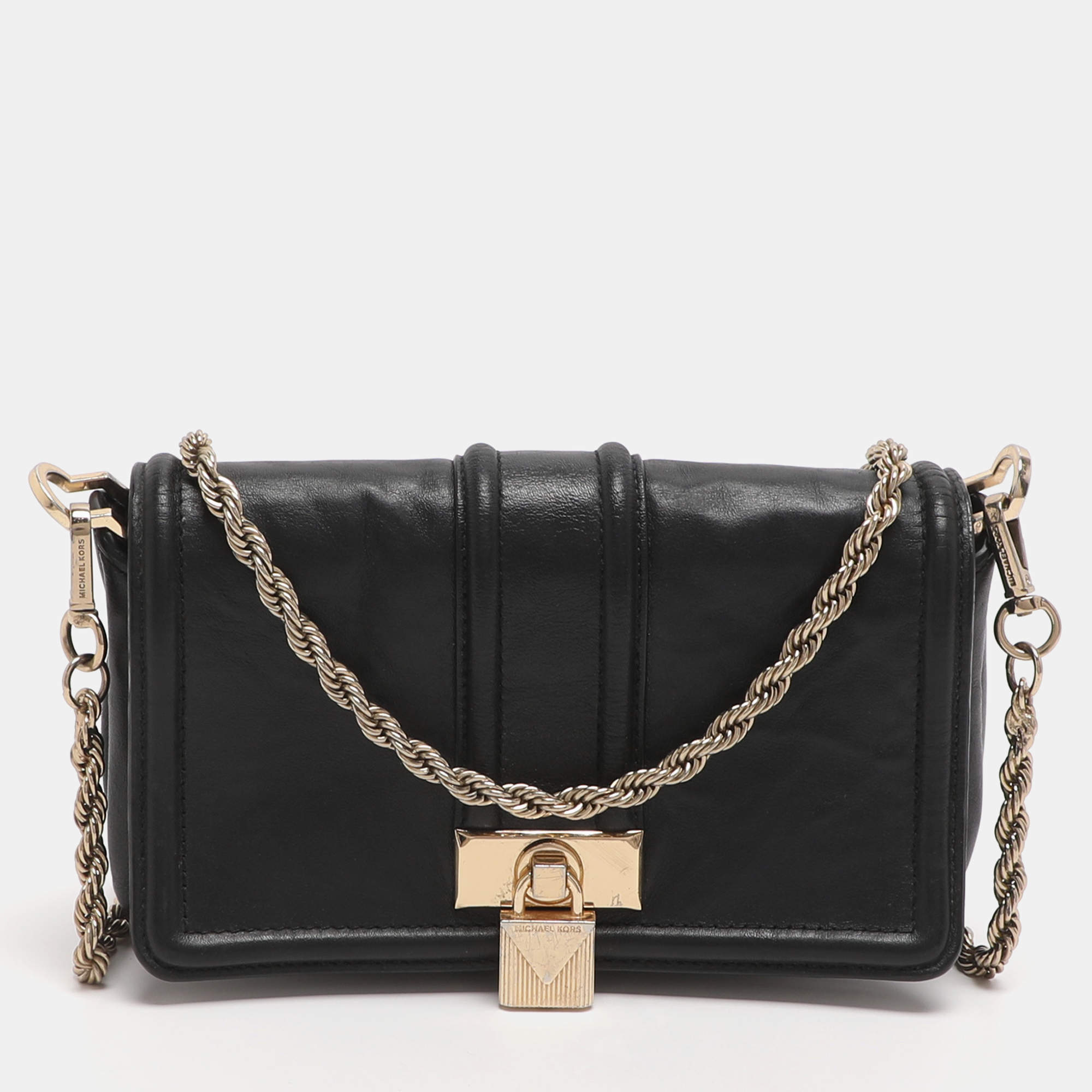 Pre Owned Michael Kors Padlock Black Leather Chain Shoulder Bag
