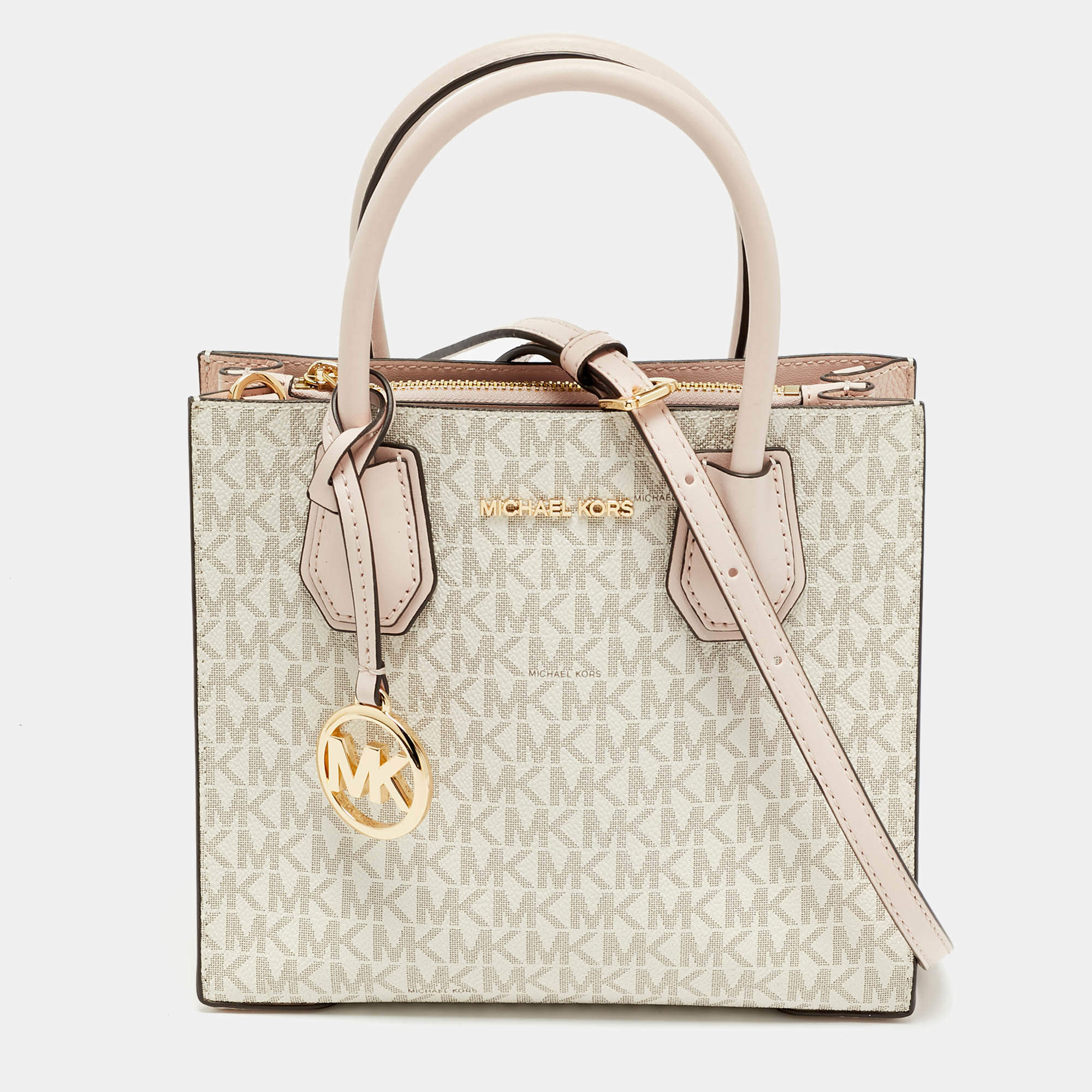 Pre Owned Michael Kors Mercer Mini Light Pink/Beige Signature Coated Canvas and Leather Tote