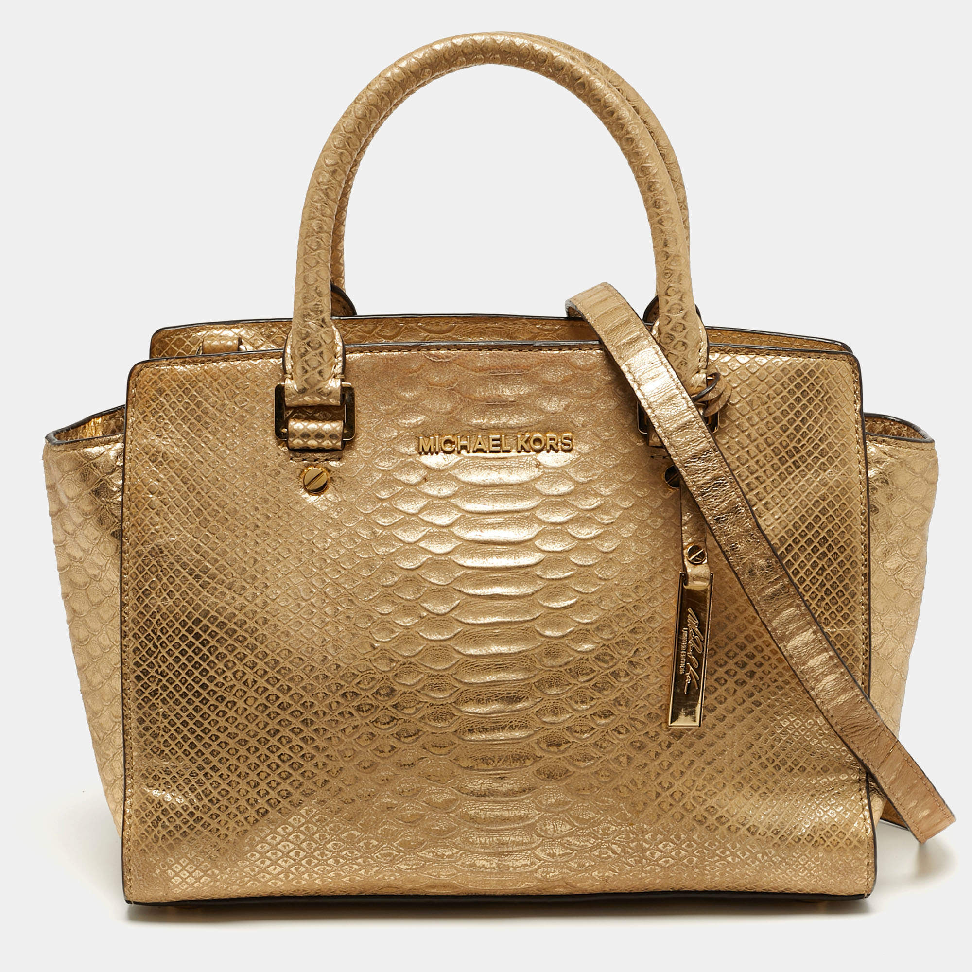 Pre Owned Michael Kors Selma Medium Gold Python Embossed Leather Tote