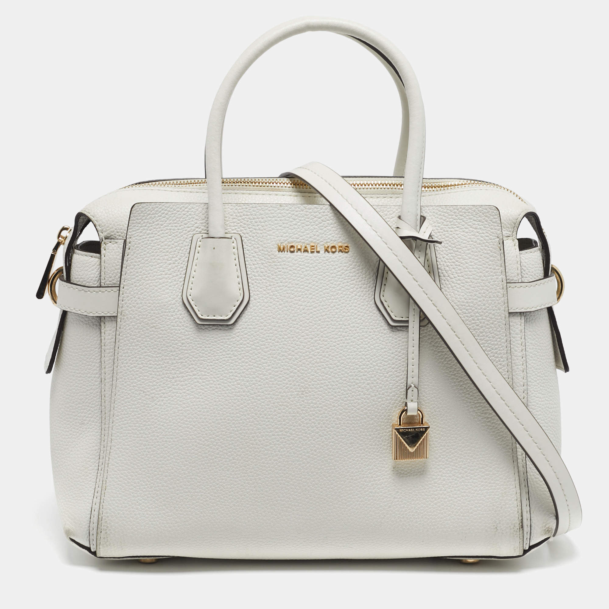 Pre Owned Michael Kors Belted Mercer Small White Leather Satchel