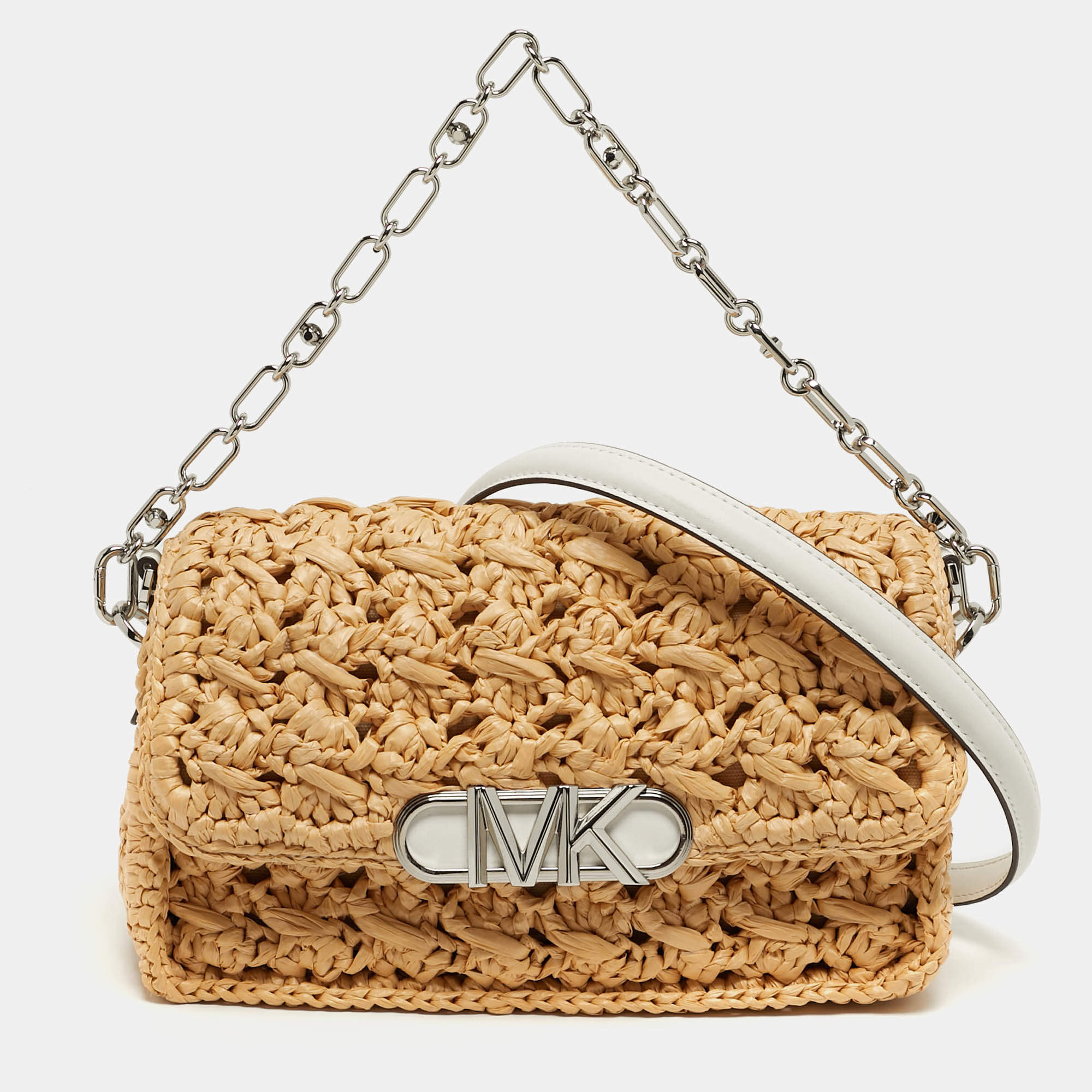 Pre Owned Michael Kors Parker Medium Beige/White Raffia and Leather Shoulder Bag