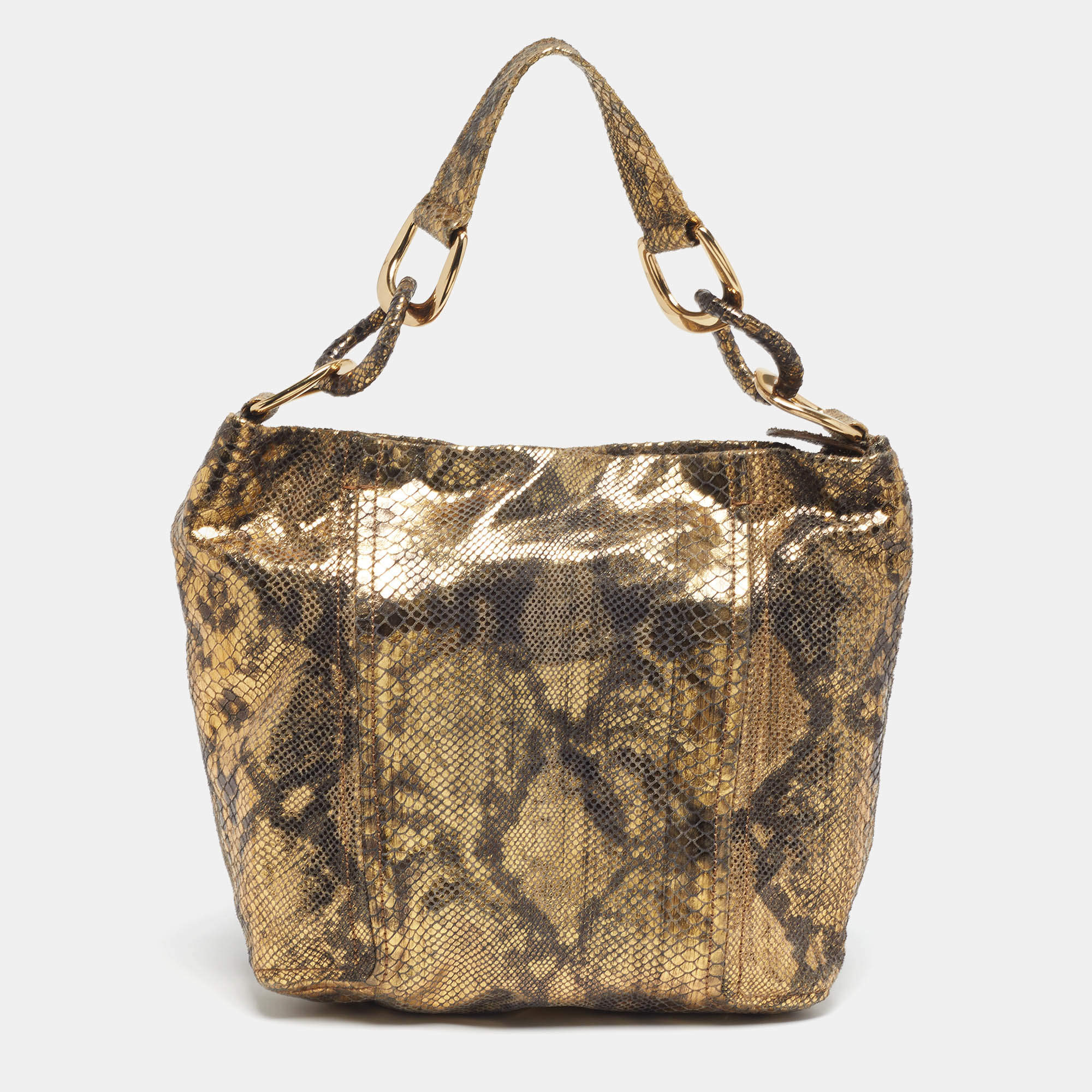 Pre Owned Michael Kors Chain Detail Gold Python Print Suede Hobo