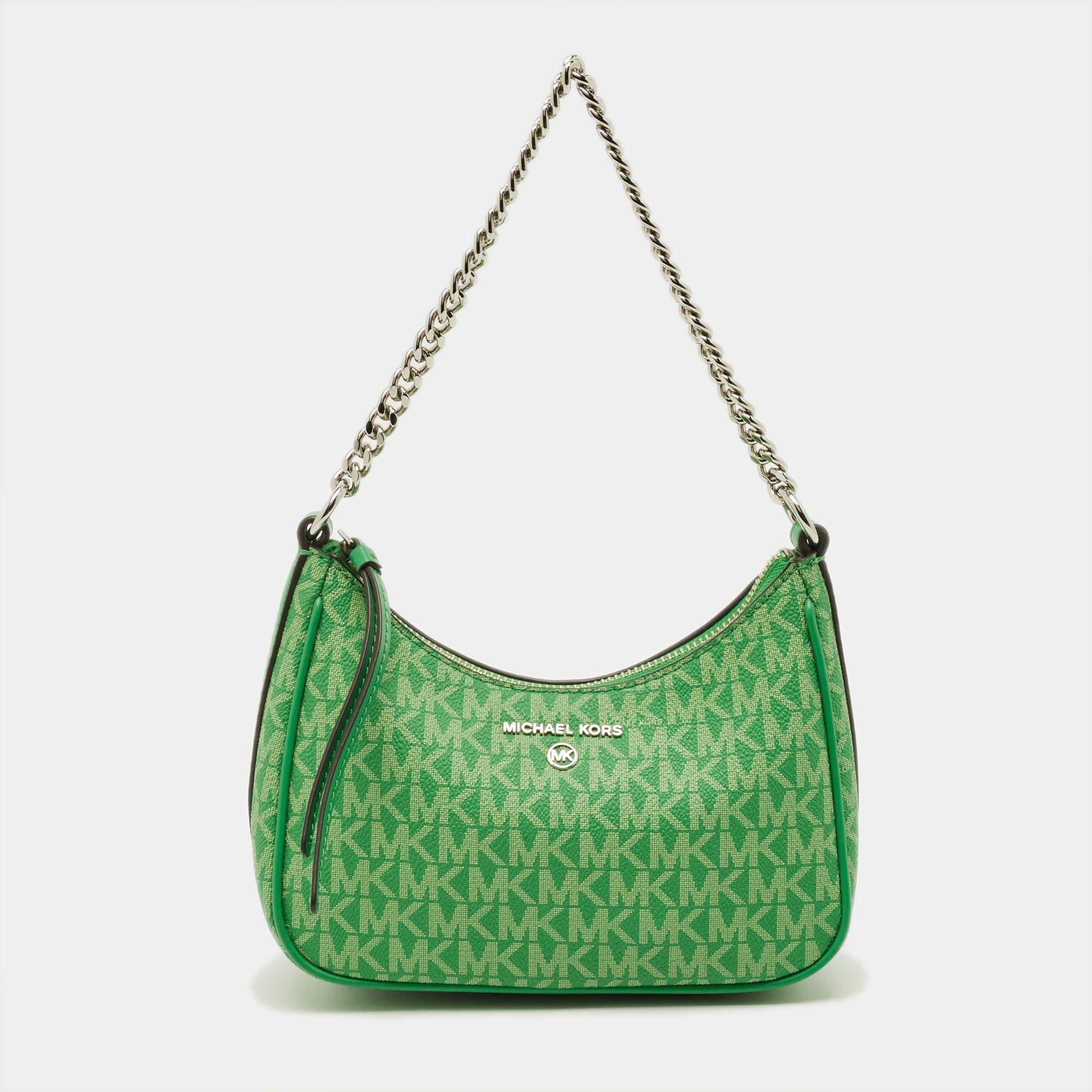 Pre Owned Michael Kors Jet Set Green Signature Coated Canvas Chain Pochette