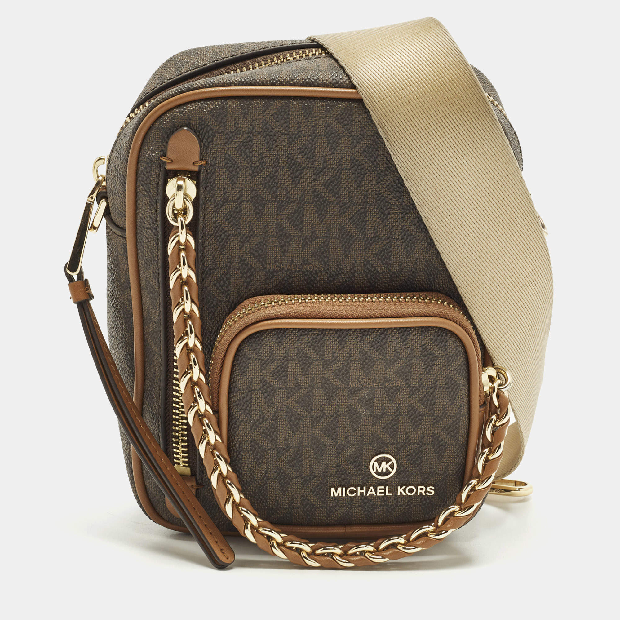 Pre Owned حقيبة كروس مايكل كورس إليوت بنية صغيرة مغطاة بالقماش المميز