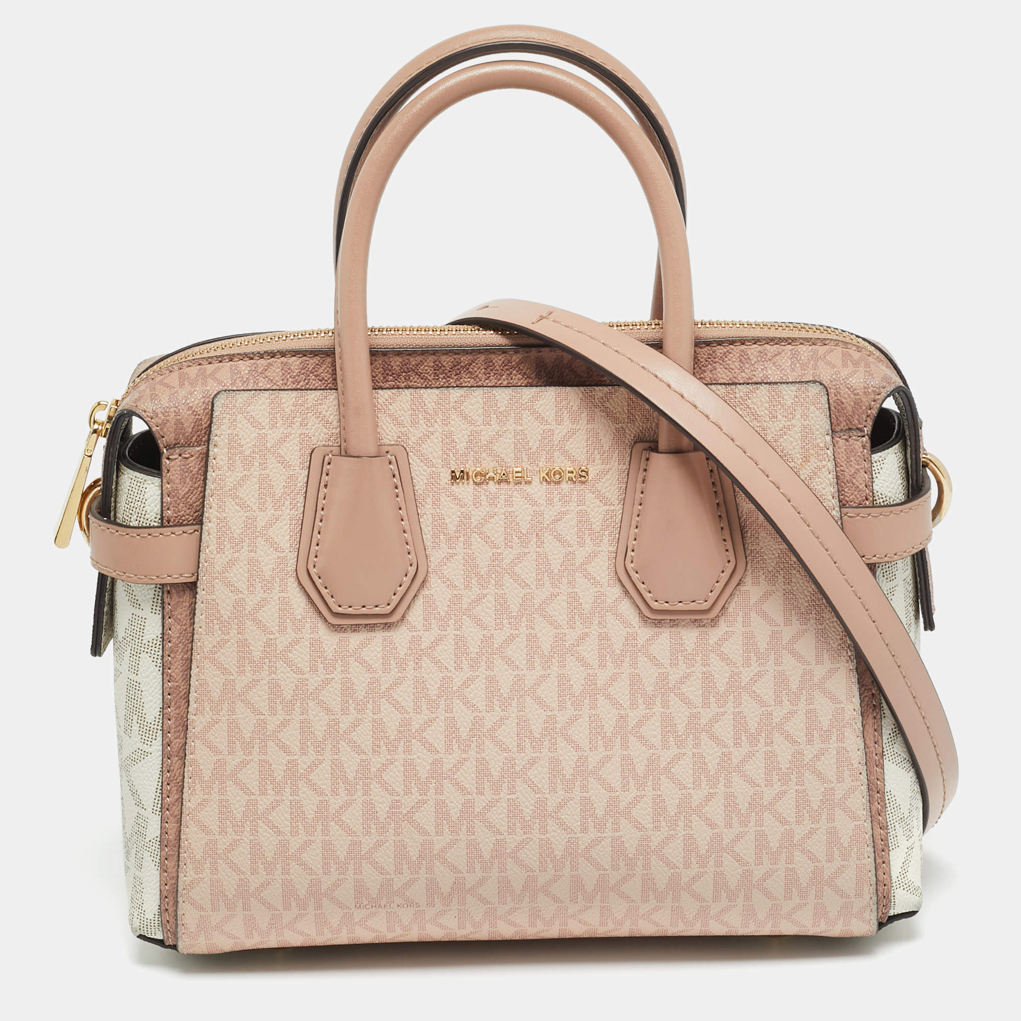 Pre Owned Michael Kors Belted Mercer Small Pink/White Signature Coated Canvas and Leather Satchel