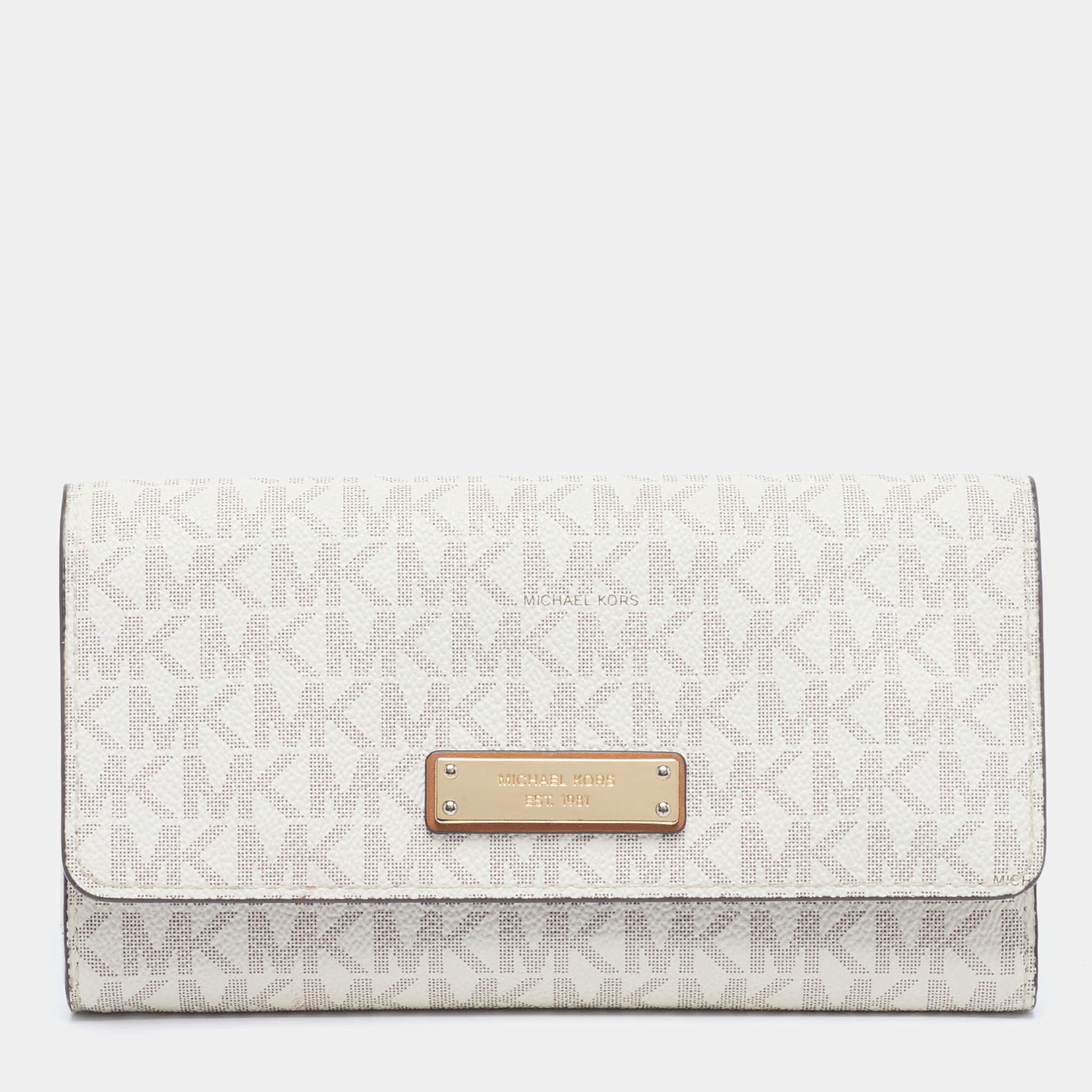 مملوكة مسبقًا Michael Kors Logo White Signature Coated Canvas Trifold Wallet