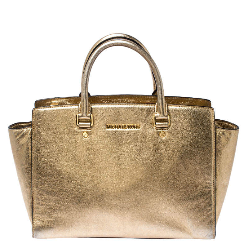 Pre Owned MICHAEL Michael Kors Gold Metallic Leather Medium Selma Tote