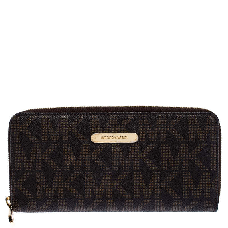 Michael Kors Brown Signature Leather Zip Around Continental Wallet