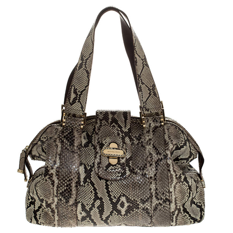 Pre Owned Micheal Kors Cream/Black Python Turnlock Satchel