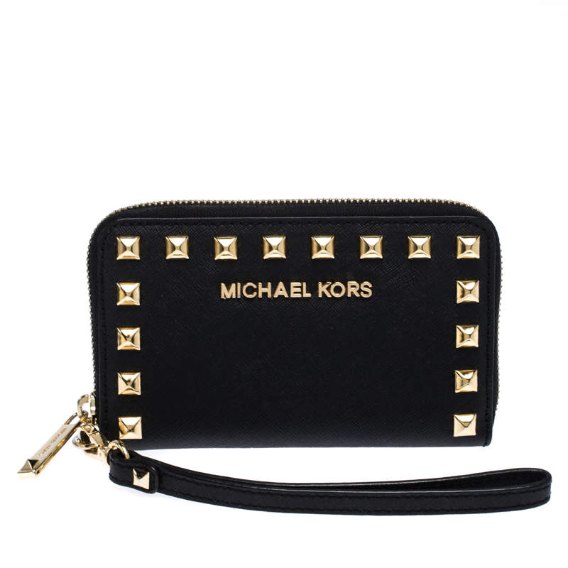 Michael Kors Black Saffiano Leather Studded Selma Wristlet Wallet ...