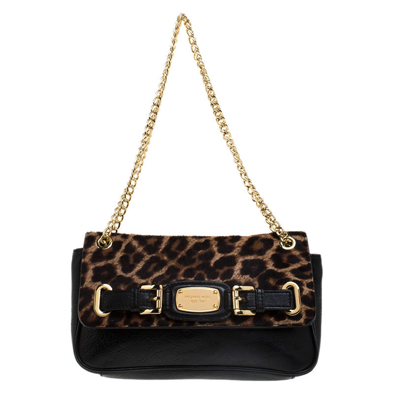 MICHAEL Michael Kors Black Leopard Print Calfhair and Leather Buckle ...