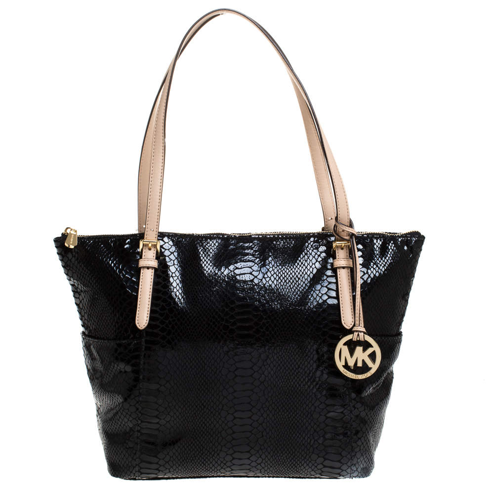 Pre Owned Michael Michael Kors Black Python Embossed Leather Top Zip Jet Set Tote