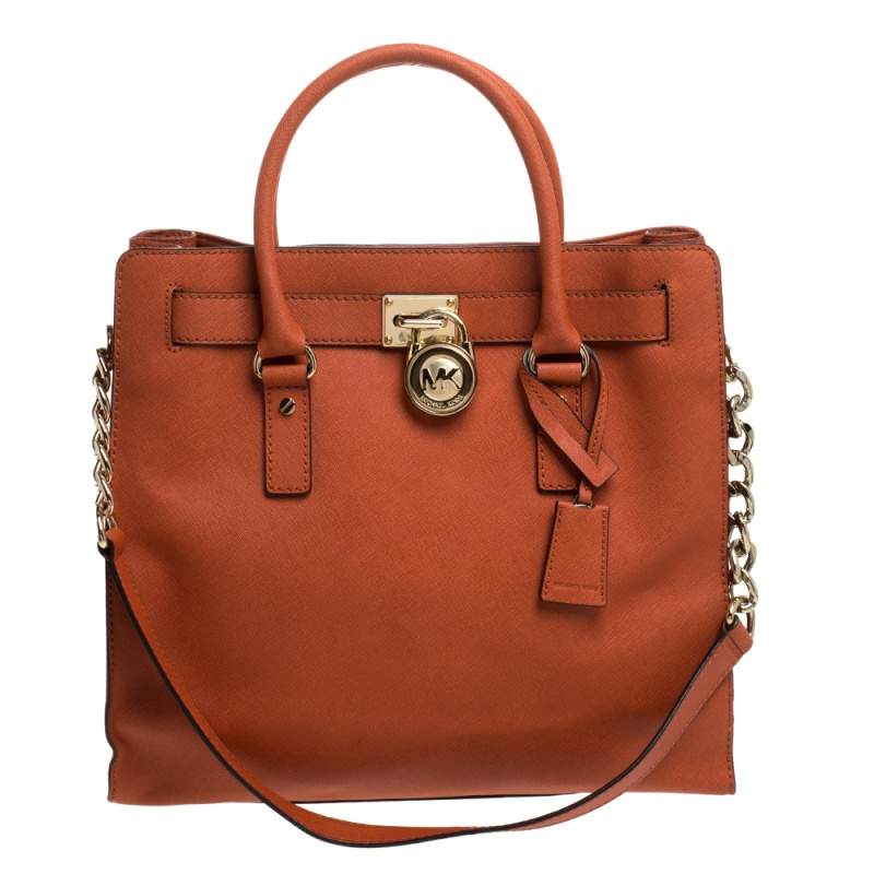 Pre Owned MICHAEL Michael Kors Orange Leather Large Hamilton North South Tote