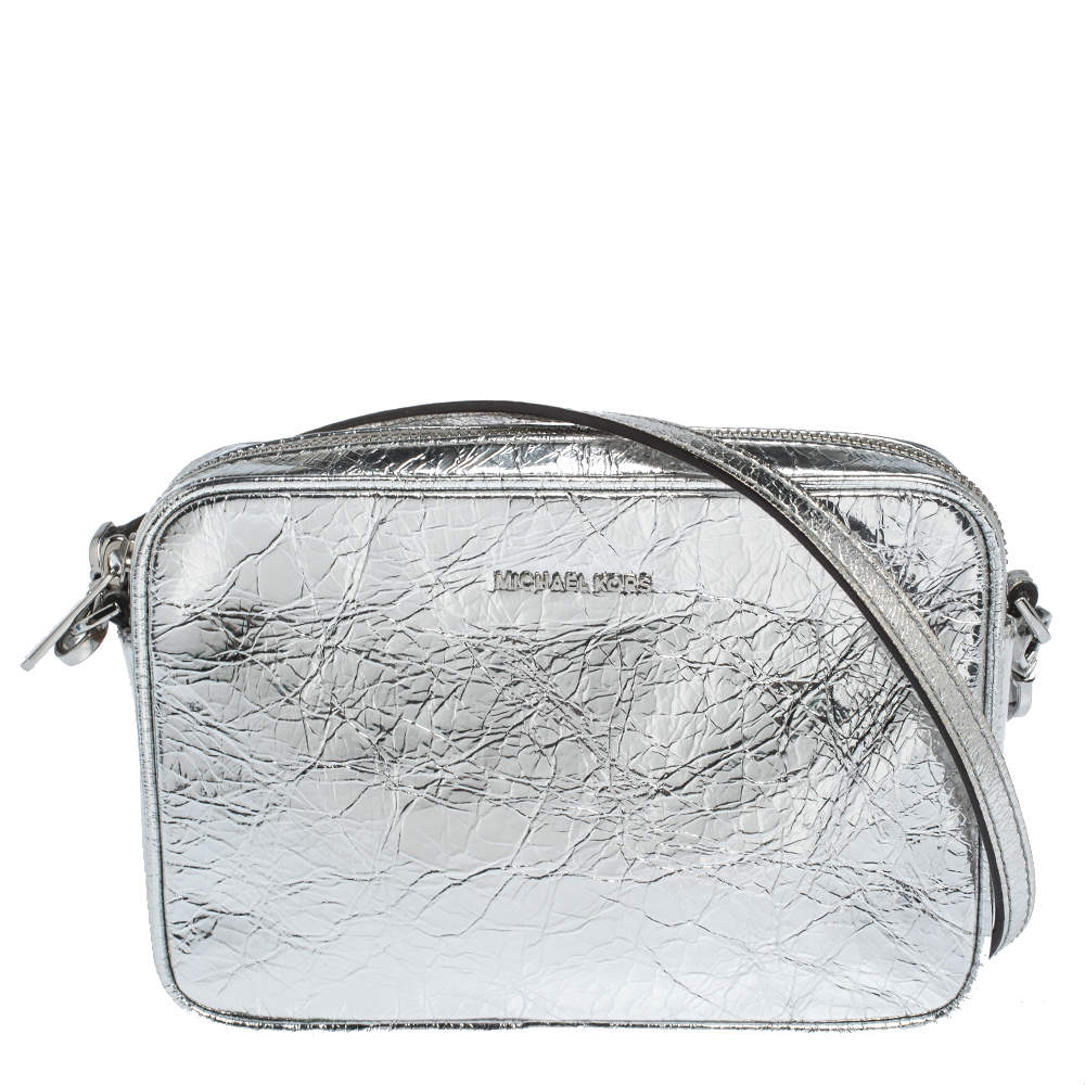 Michael Kors Silver Crinkled Patent Leather East West Crossbody Bag ...