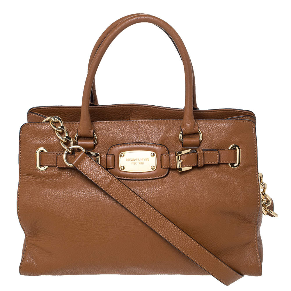 Pre Owned MICHAEL Michael Kors Brown Leather Logo Plaque Tote