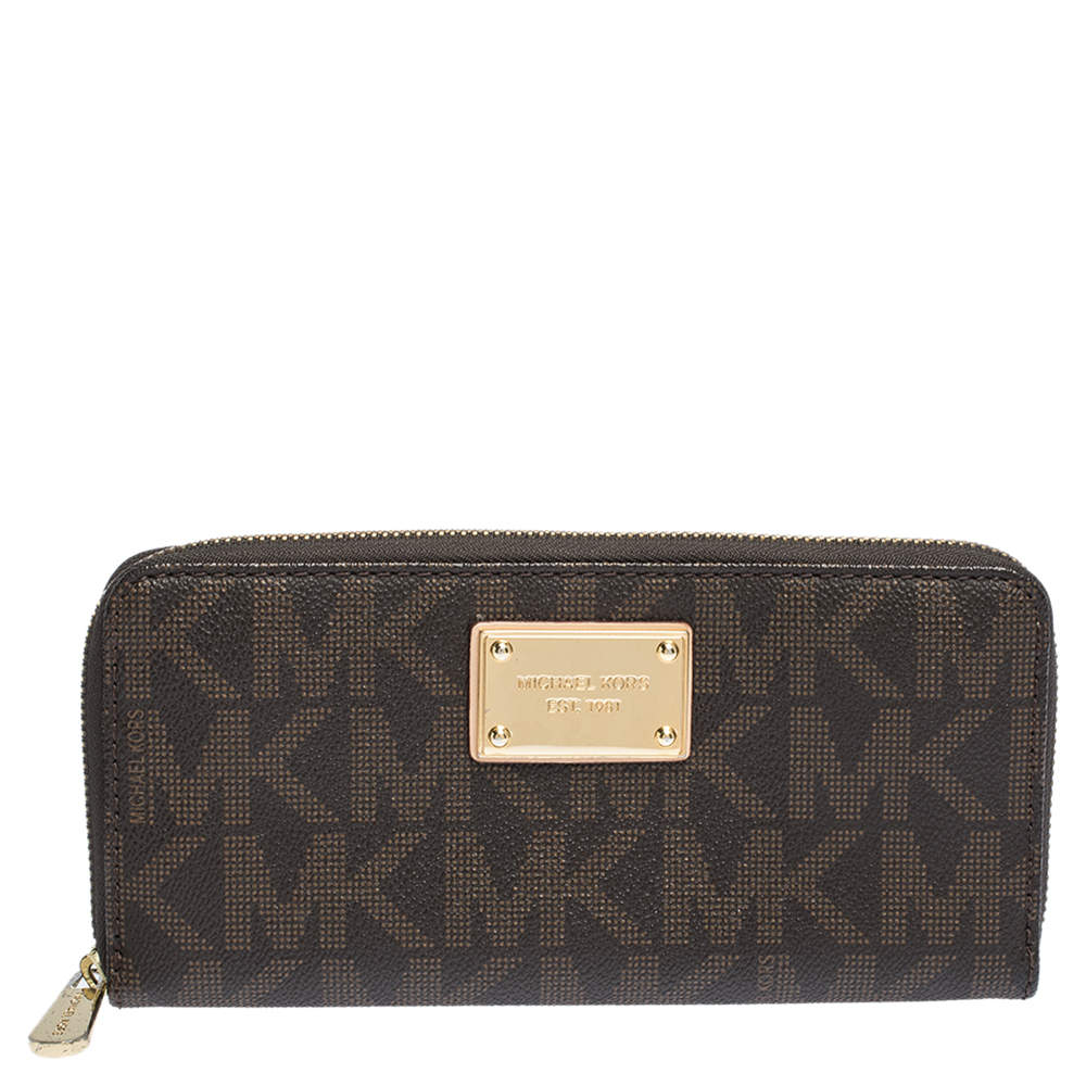 Pre Owned محفظة مايكل كورس بسحاب ملتف كانفاس مقوى مطبوع نقشة شعار الماركة بني