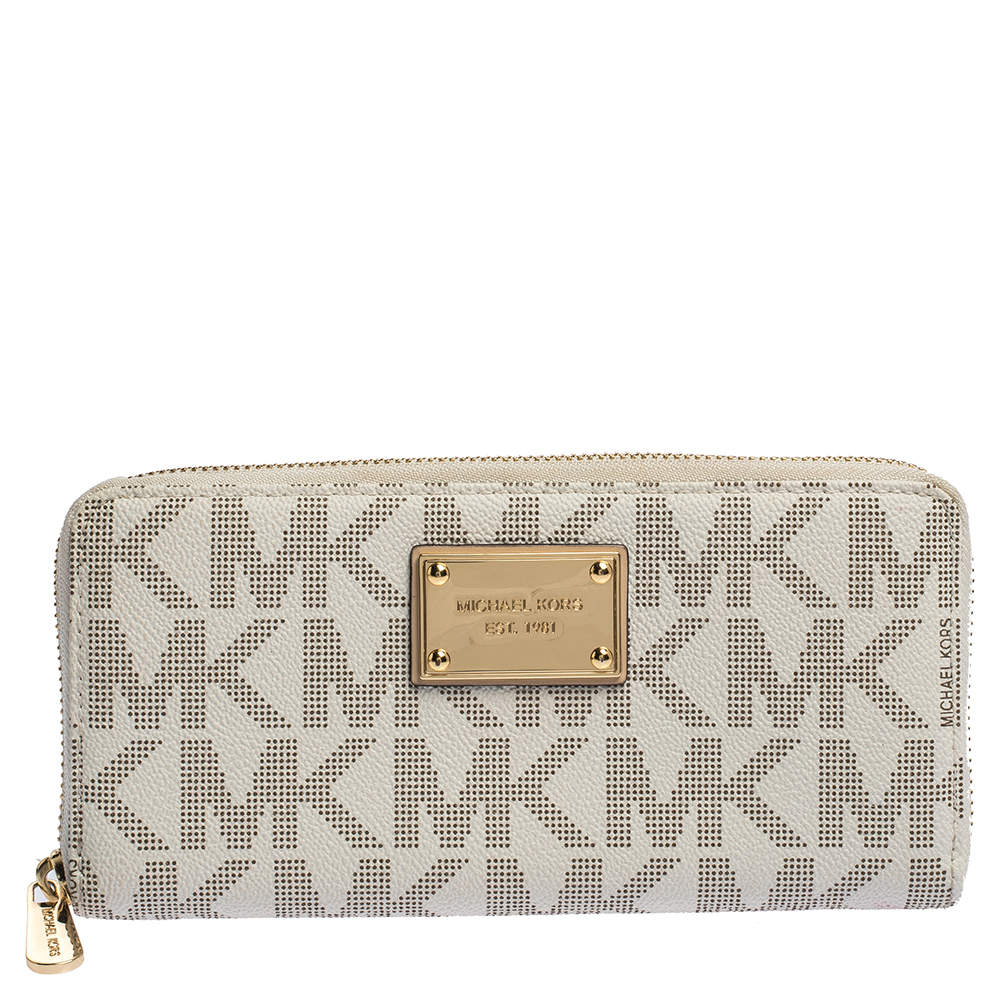مملوكة مسبقًا محفظة مايكل كورس كانفاس أبيض مونوغرامي مقوى بسحاب ملتف