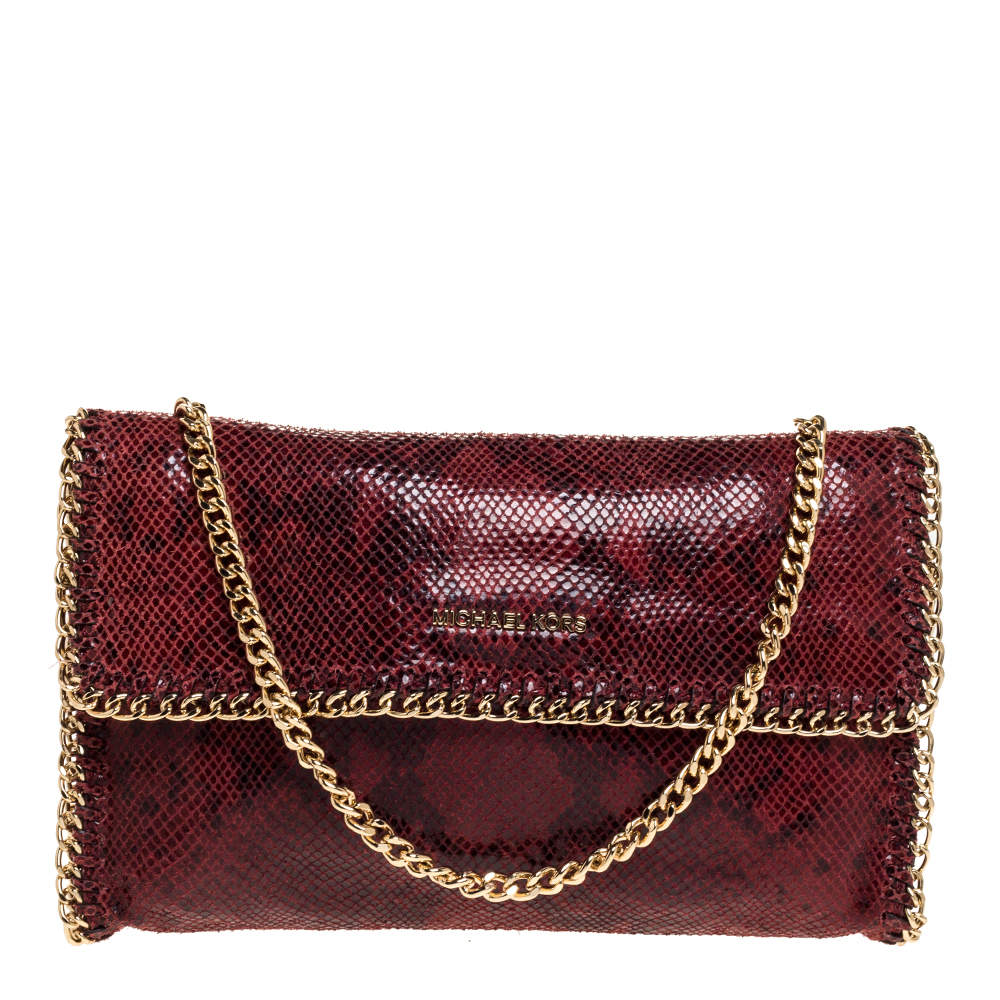 Pre Owned Michael Kors Red Snakeskin Effect Leather Chain Shoulder Bag
