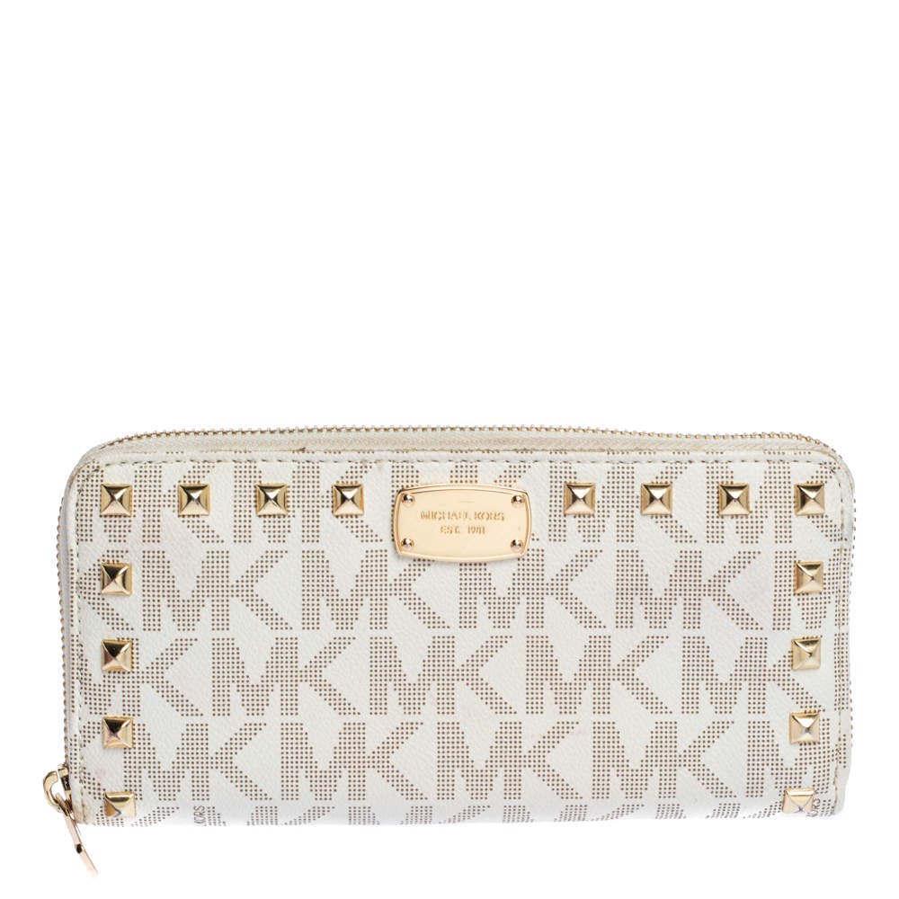 Michael Kors White Signature Coated Canvas Studded Zip Around Continental Wallet