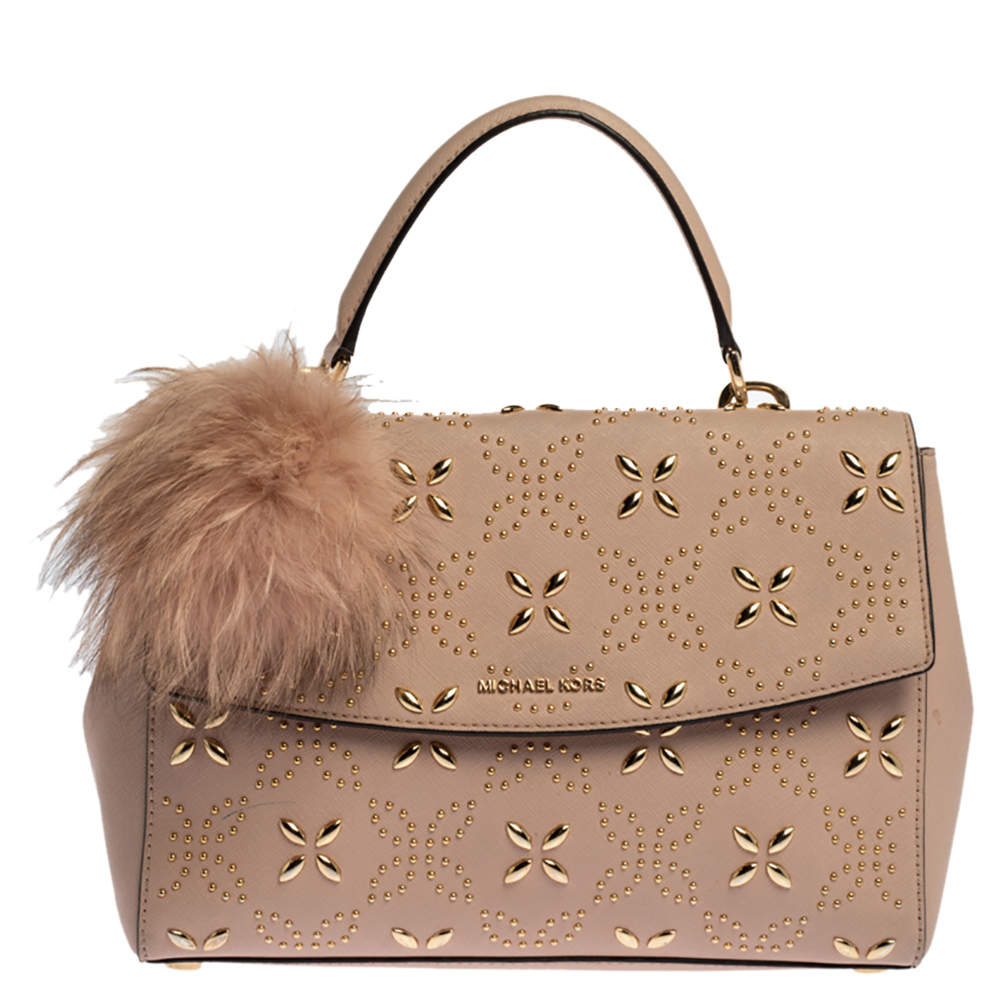 Pre Owned Michael Kors Pink Studded Leather Medium Ava Top Handle Bag
