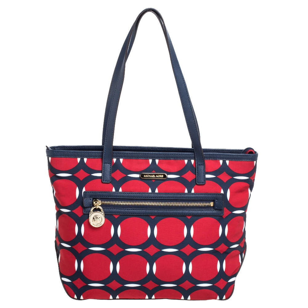 Pre Owned MICHAEL Micheal Kors Red/Blue Deco Print Nylon and Leather Kempton Tote