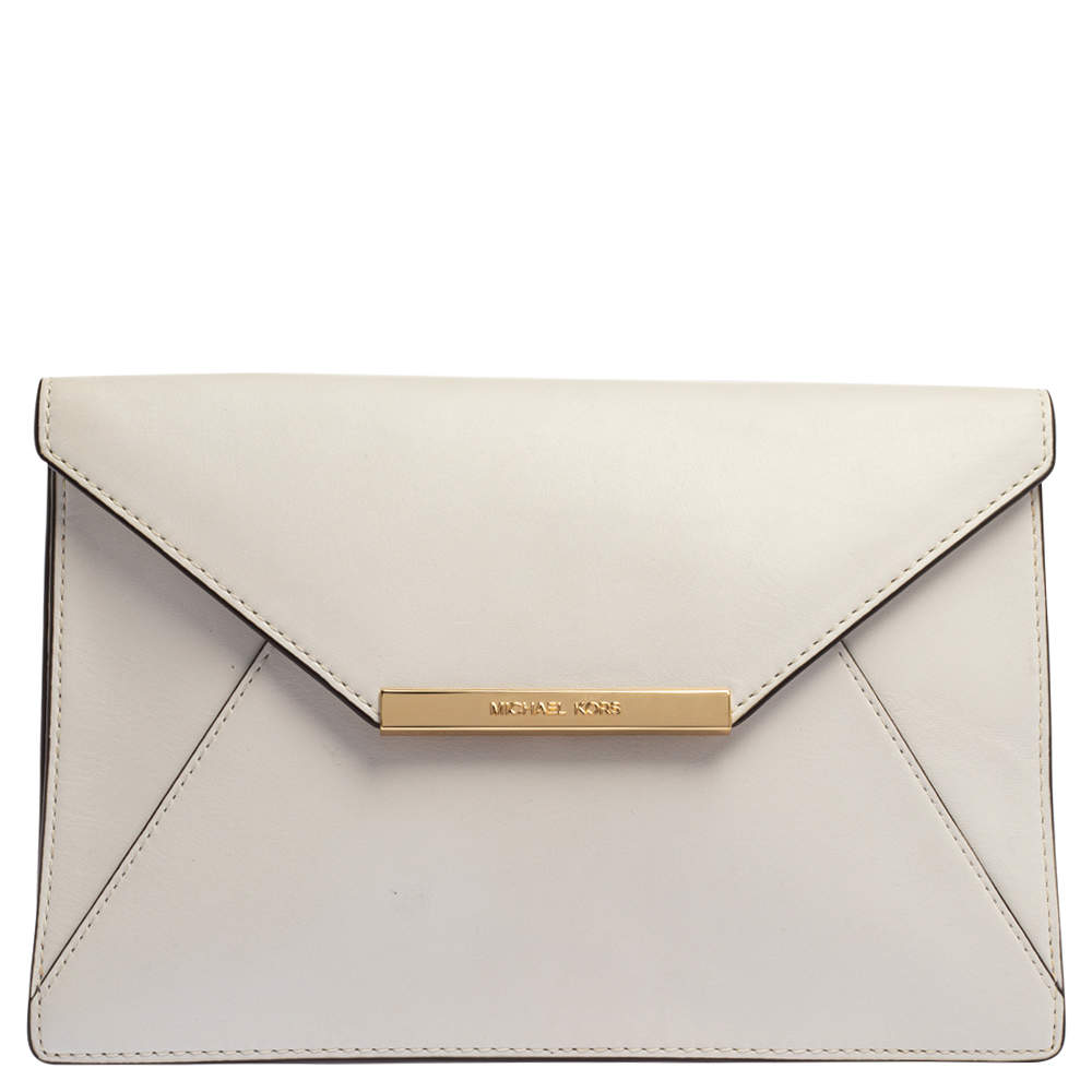 Pre Owned Michael Kors White Leather Lana Envelope Chain Clutch