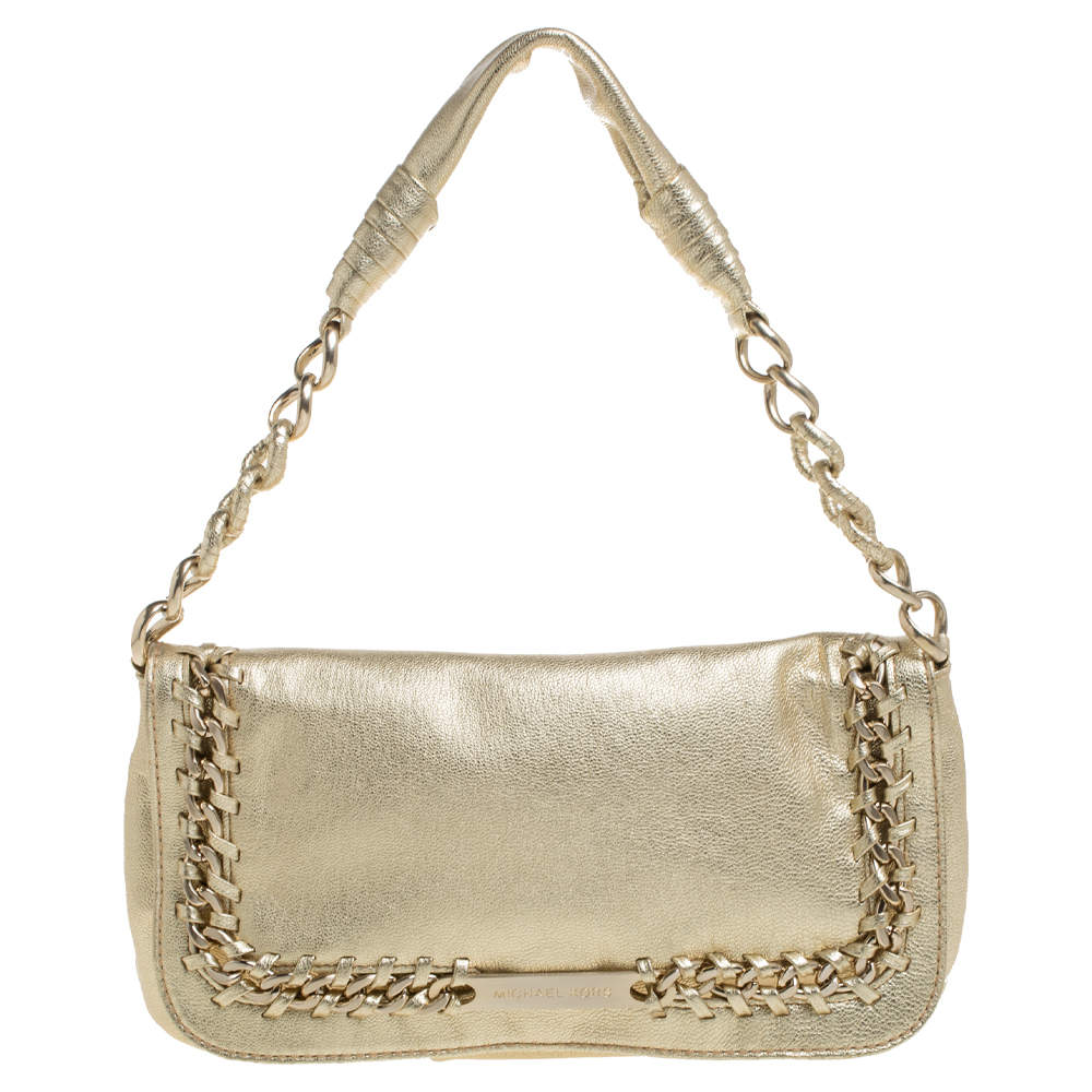 Michael Kors Gold Leather Chain Link Flap Baguette Bag