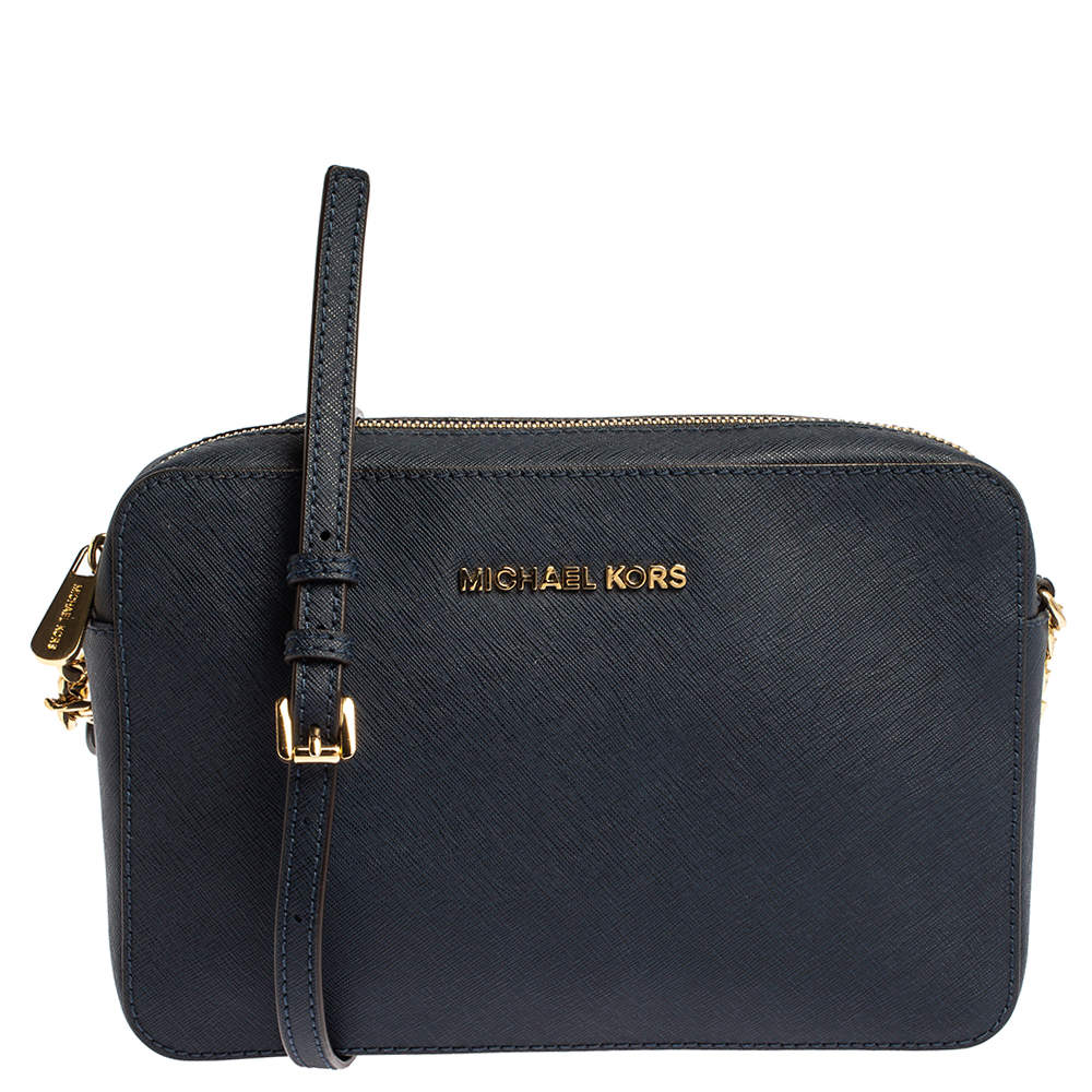 Pre Owned Michael Kors Navy Blue Leather Jet Set Crossbody Bag
