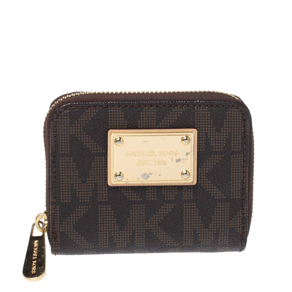 Pre Owned محفظة مايكل كورس سحاب ملتف كانفاس مقوى شهيرة بنية