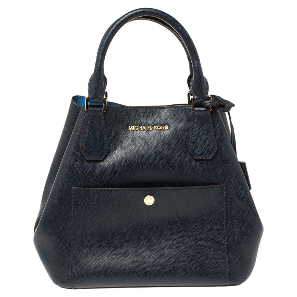 Pre Owned Michael Kors Navy Blue Leather Front Pocket Tote