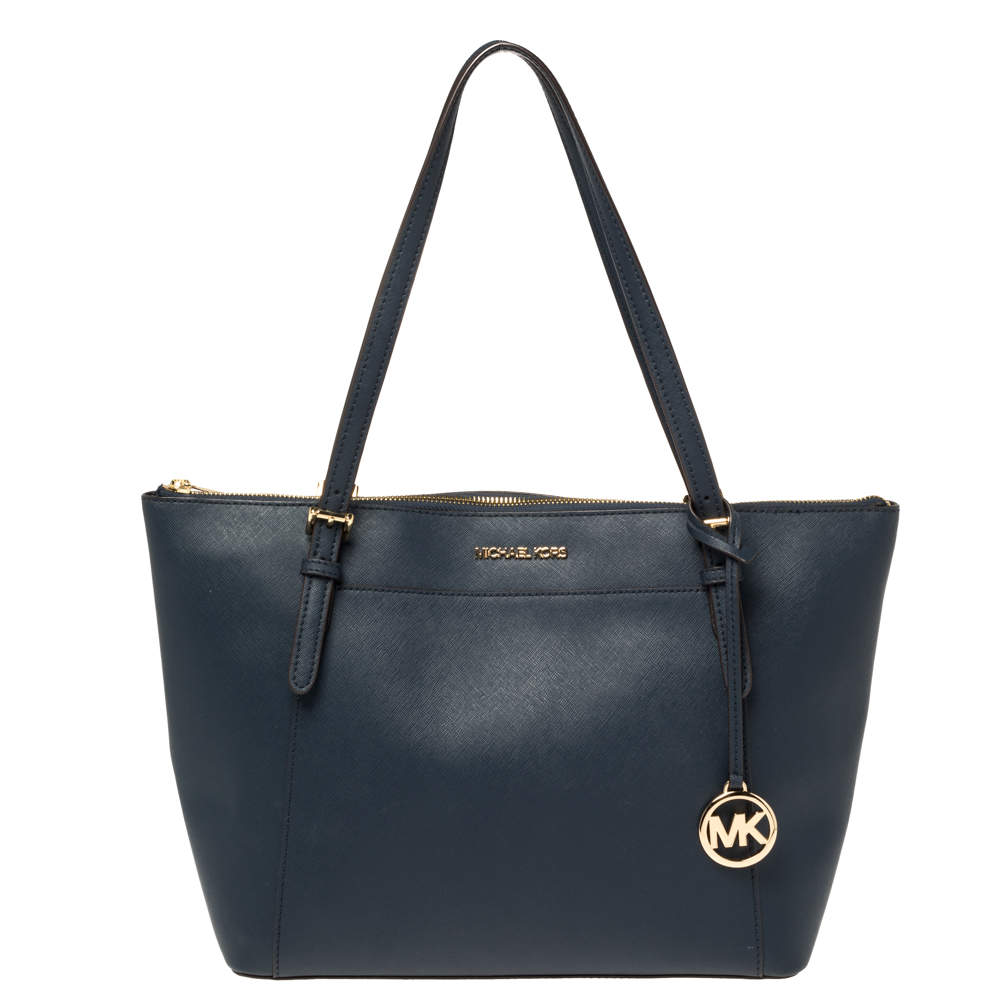 Pre Owned Michael Kors Blue Leather Large Voyager East/West Top Zip Tote 