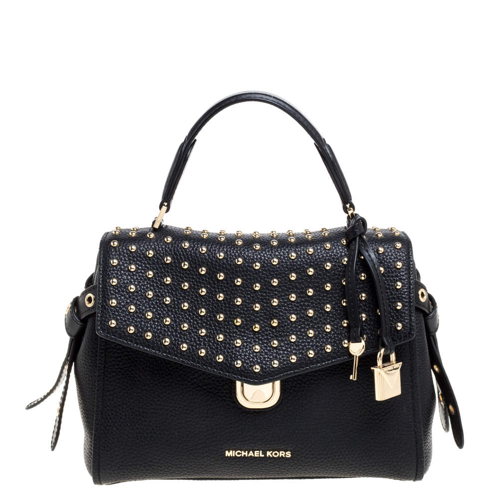 Pre Owned Michael Kors Black Leather Studded Top Handle Bag