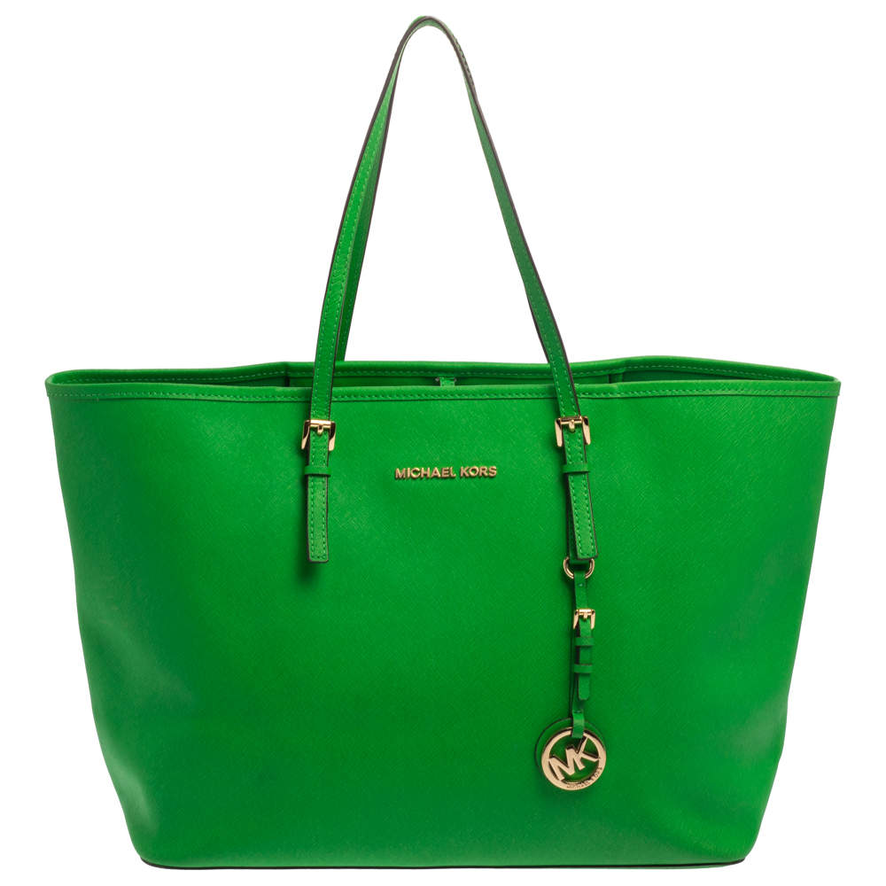 Pre Owned Michael Kors Green Saffiano Leather Jet Set Travel Tote