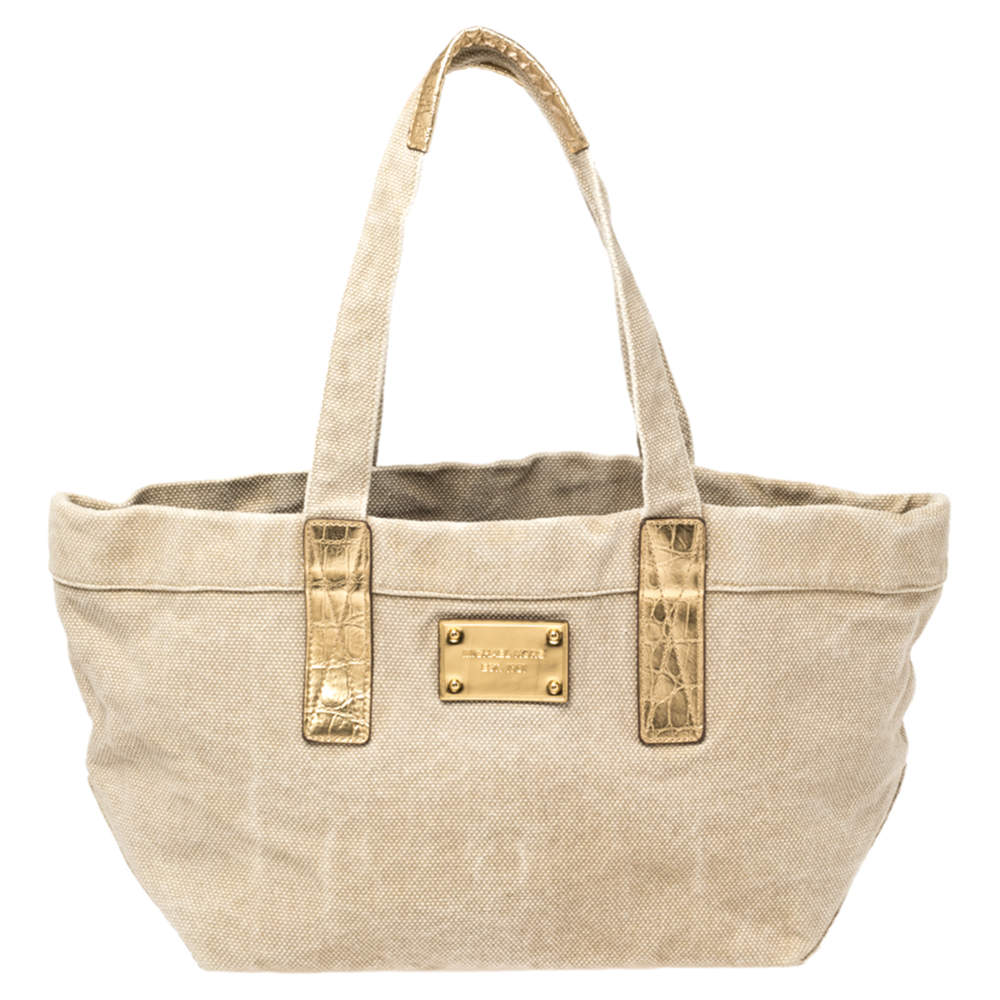 Michael Kors Beige/Gold Canvas and Croc Embossed Leather Tote