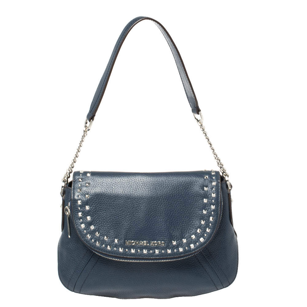 Michael Kors Blue Leather Bedford Aria Shoulder Bag