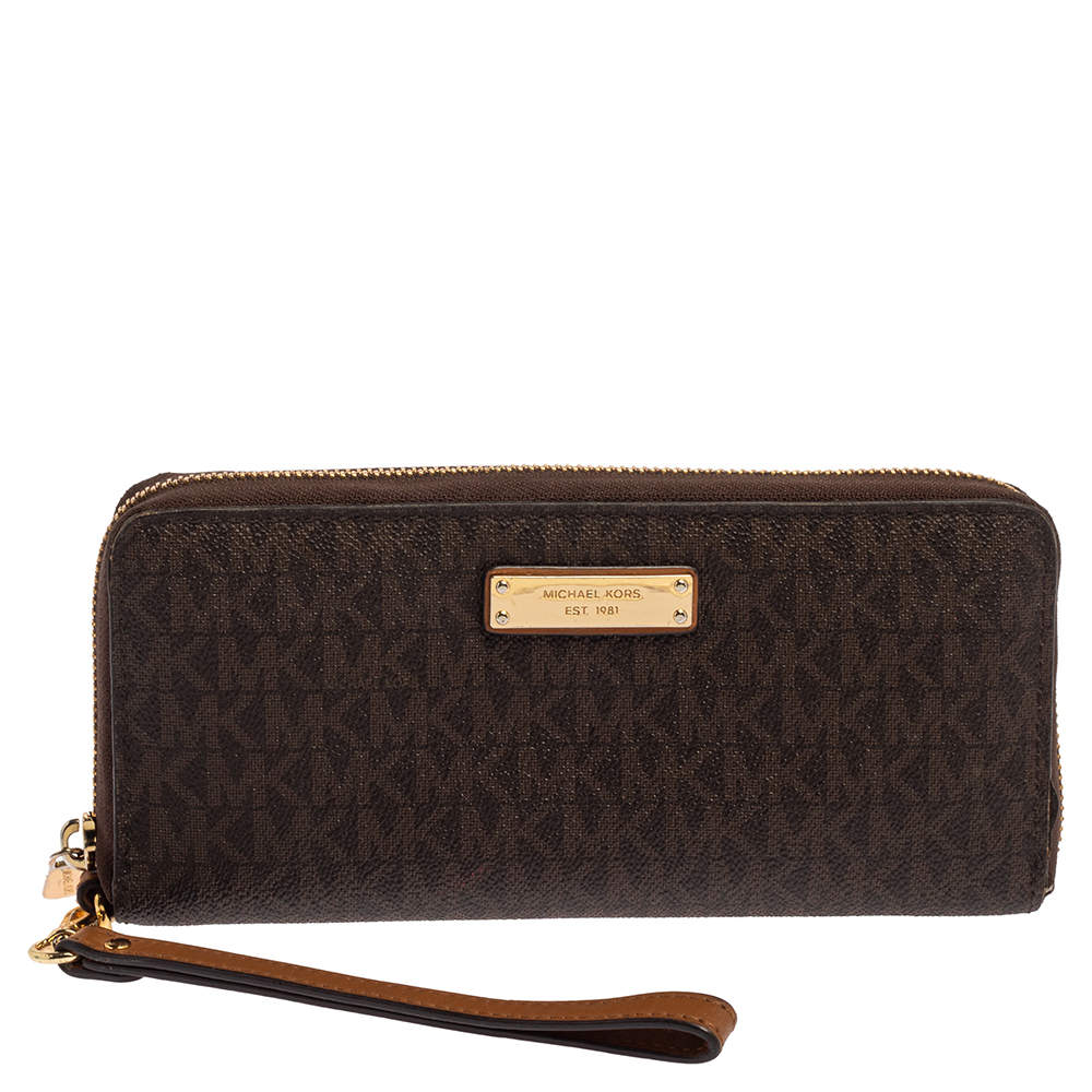 Michael Kors Brown Monogram Coated Canvas Zip Around Wristlet Wallet  Michael Kors | TLC