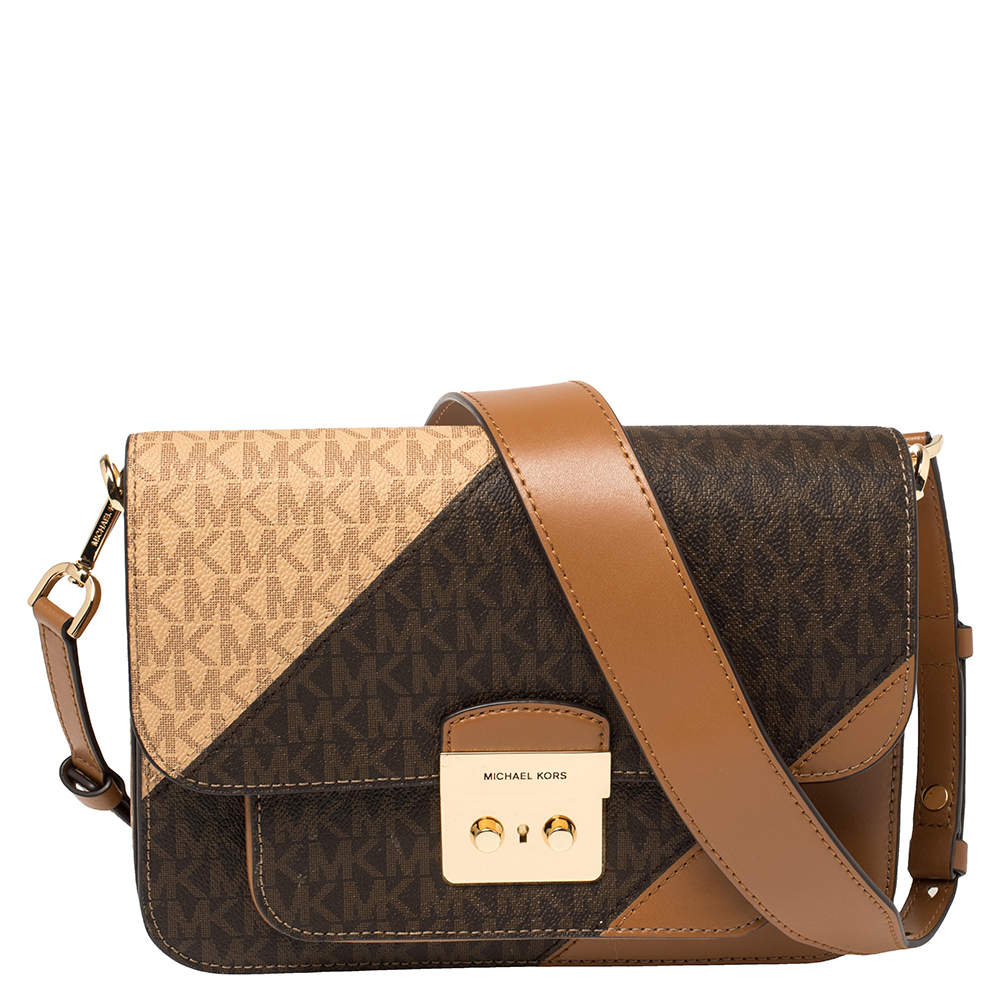 Pre Owned Michael Kors Brown Signature Coated Canvas and Leather Large Sloan Editor Shoulder Bag