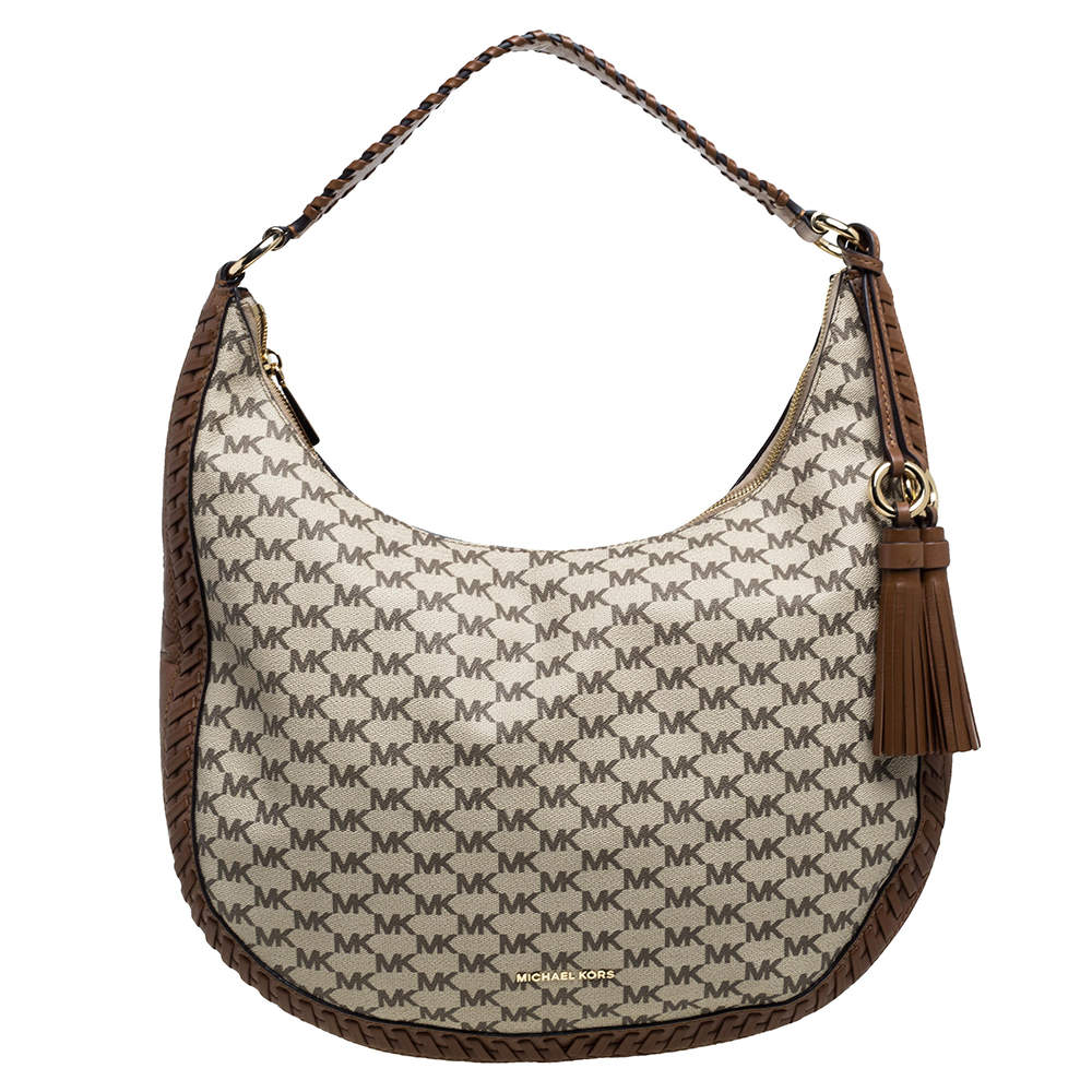 Michael Kors Beige/Brown Coated Canvas and Leather Lauryn Hobo