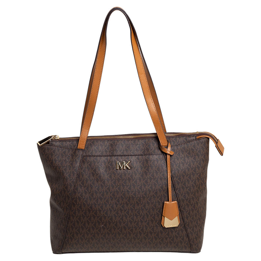 Michael Kors Brown/Tan Signature Coated Canvas and Leather Maddie Tote
