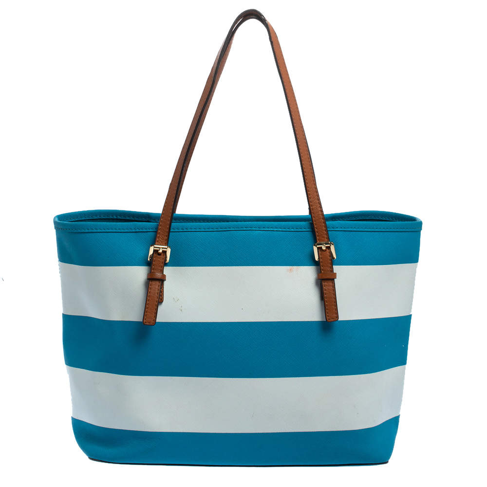 Michael Kors Blue White Striped Coated Canvas Travel Jet Set Tote