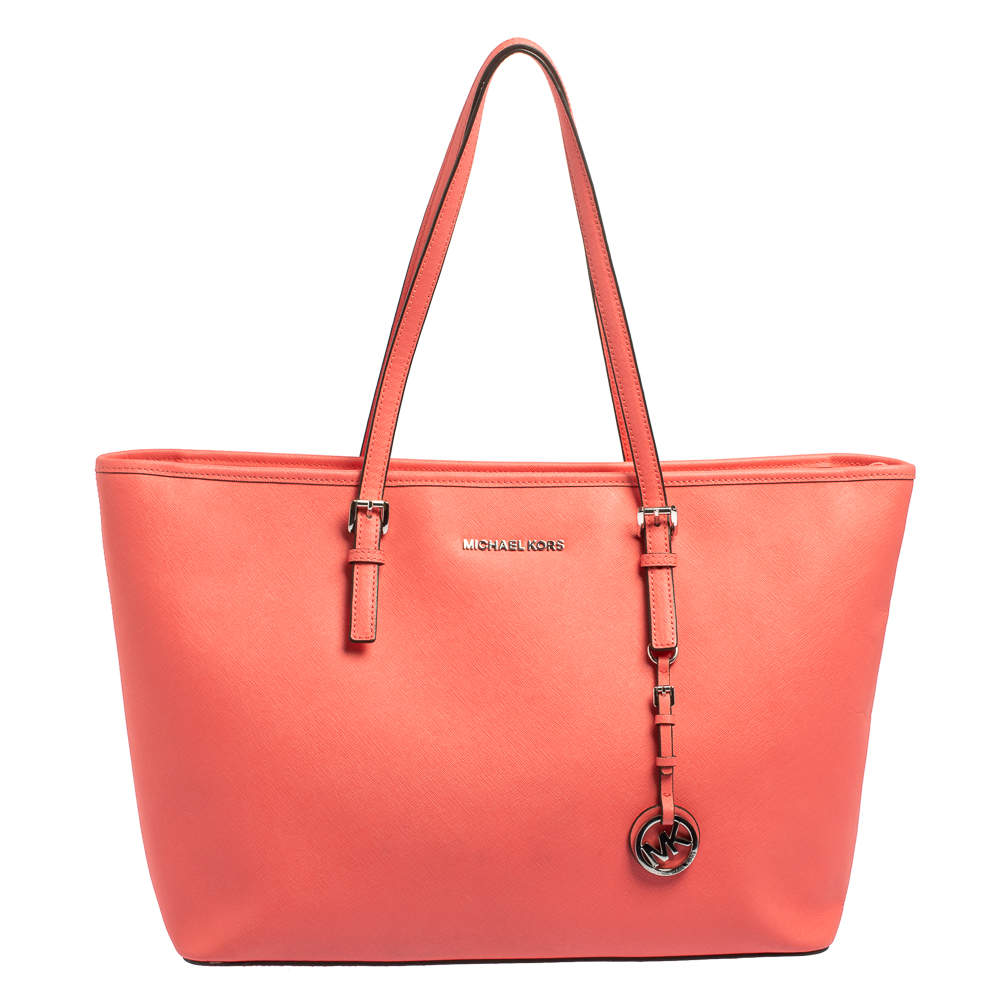 Michael Kors Coral Pink Saffiano Leather Large Jet Set Travel Tote