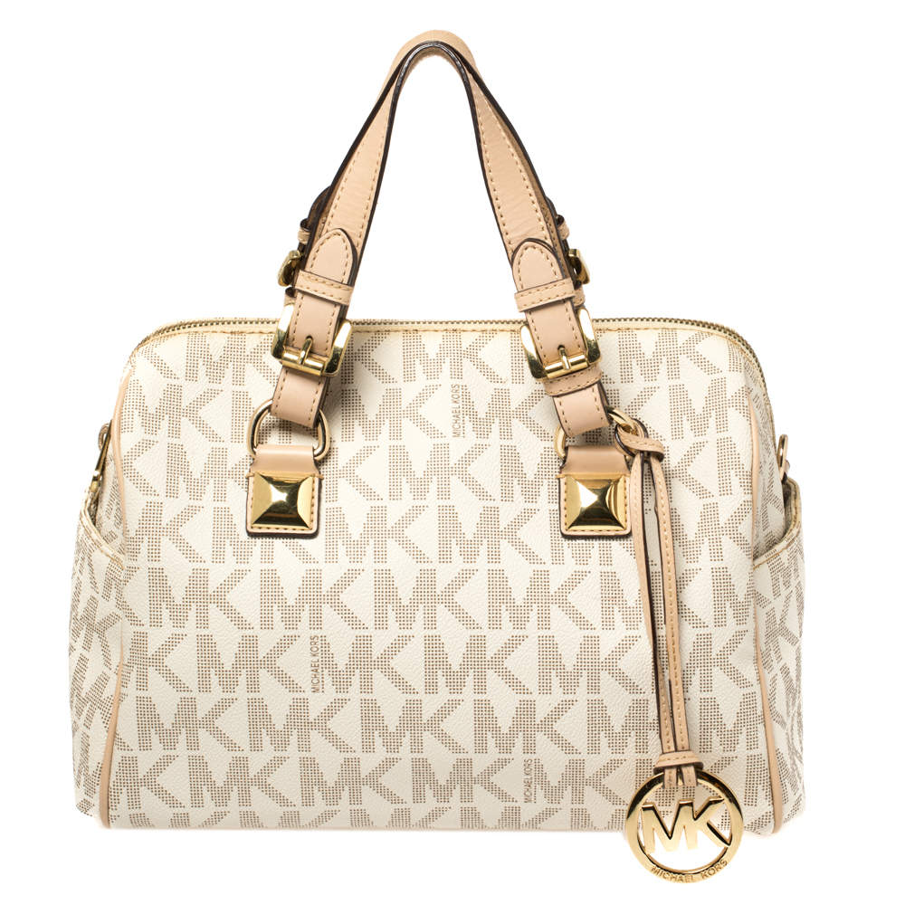 Pre Owned MICHAEL Michael Kors Ivory/Beige Signature Coated Canvas and Leather Grayson Boston Bag