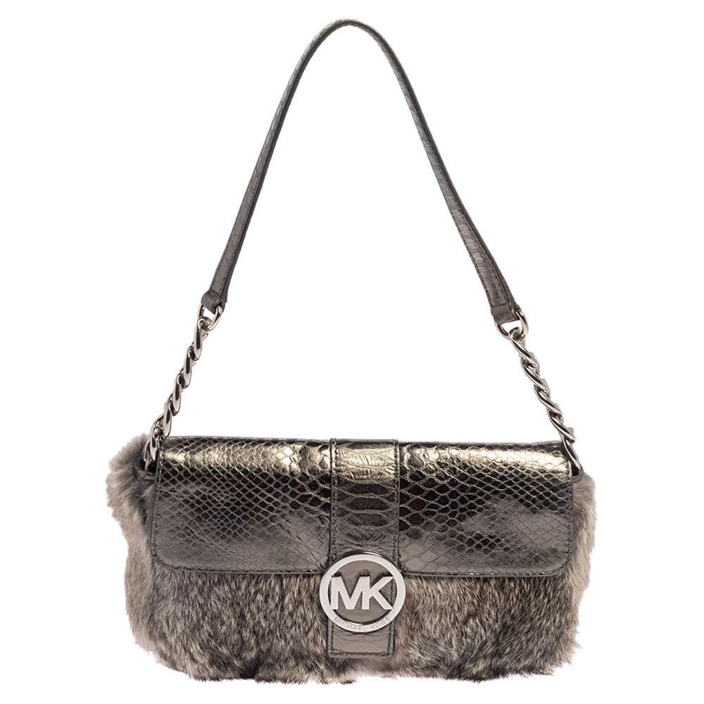 MICHAEL KORS: Michael chain clutch in laminated leather - Silver