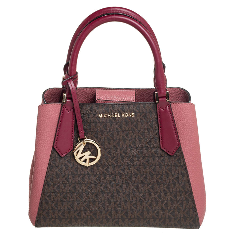 Michael Kors Pink Brown Signature Coated Canvas and Leather Kimberly Satchel