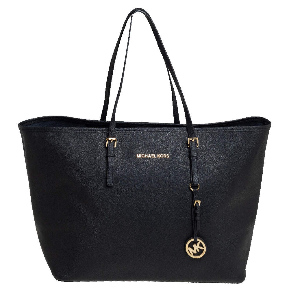 Pre Owned Michael Kors Black Leather Large Jet Set Travel Tote